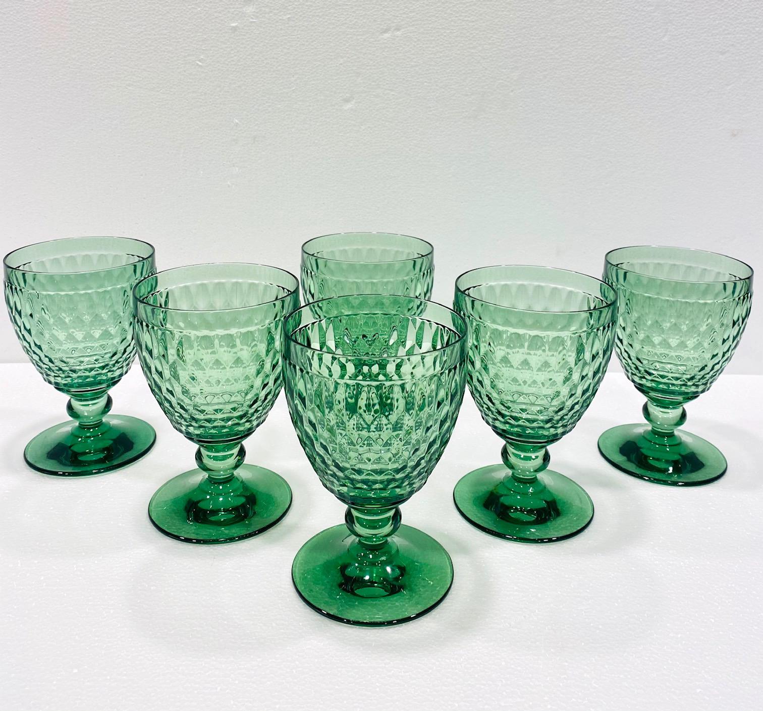 Set of six German crystal goblets from Villeroy & Boch. Blown glass stemware featuring hobnail crystal with classic diamond pattern. Designed with deliberate short stems with glass ball accent in a beautiful emerald green. Each glass in signed
