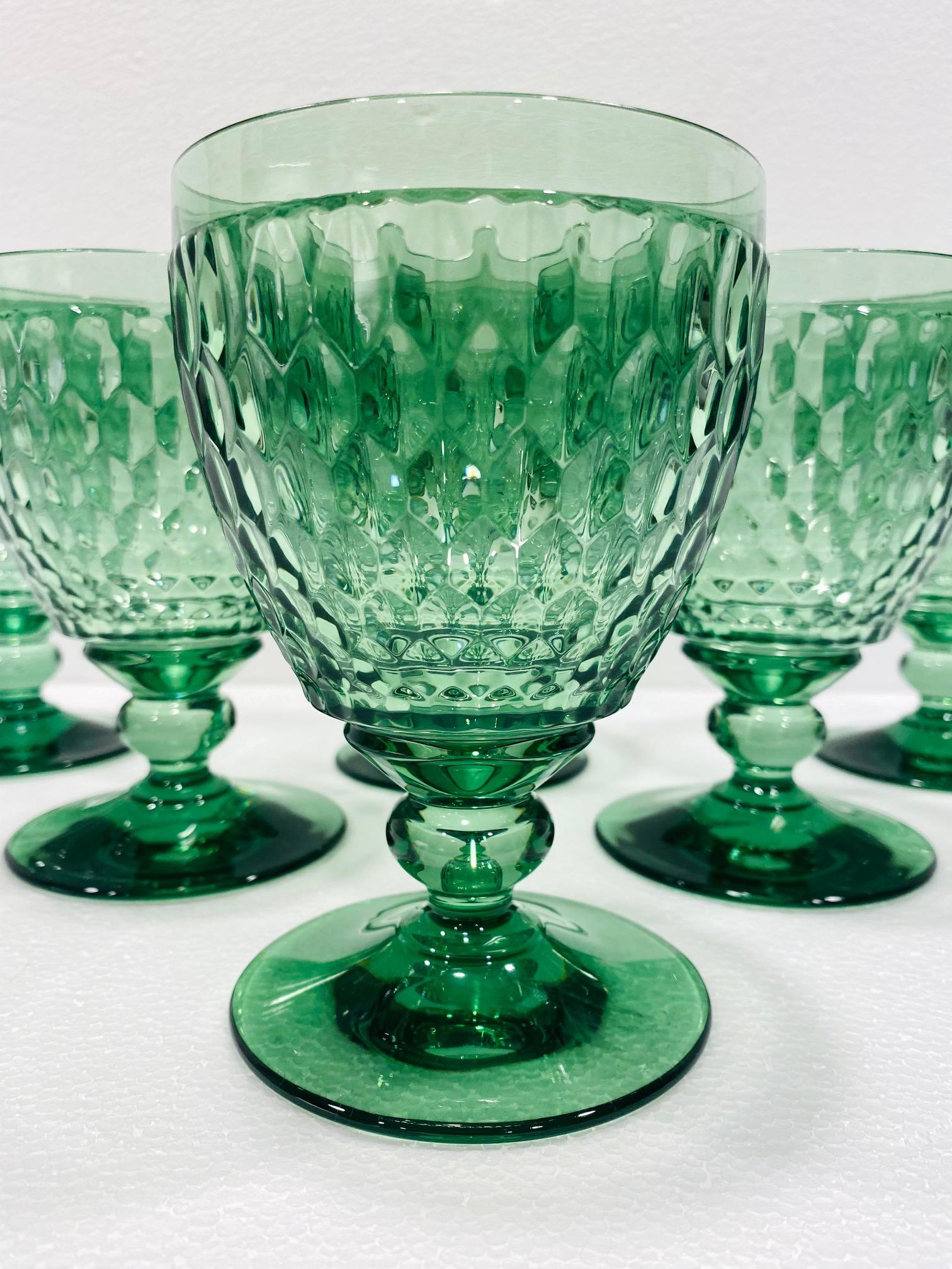 German Set of Six Vintage Villeroy & Boch Blown Crystal Goblets in Green, circa 2005