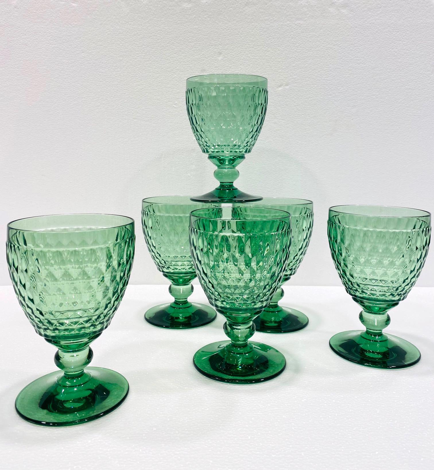 Hand-Crafted Set of Six Vintage Villeroy & Boch Blown Crystal Goblets in Green, circa 2005