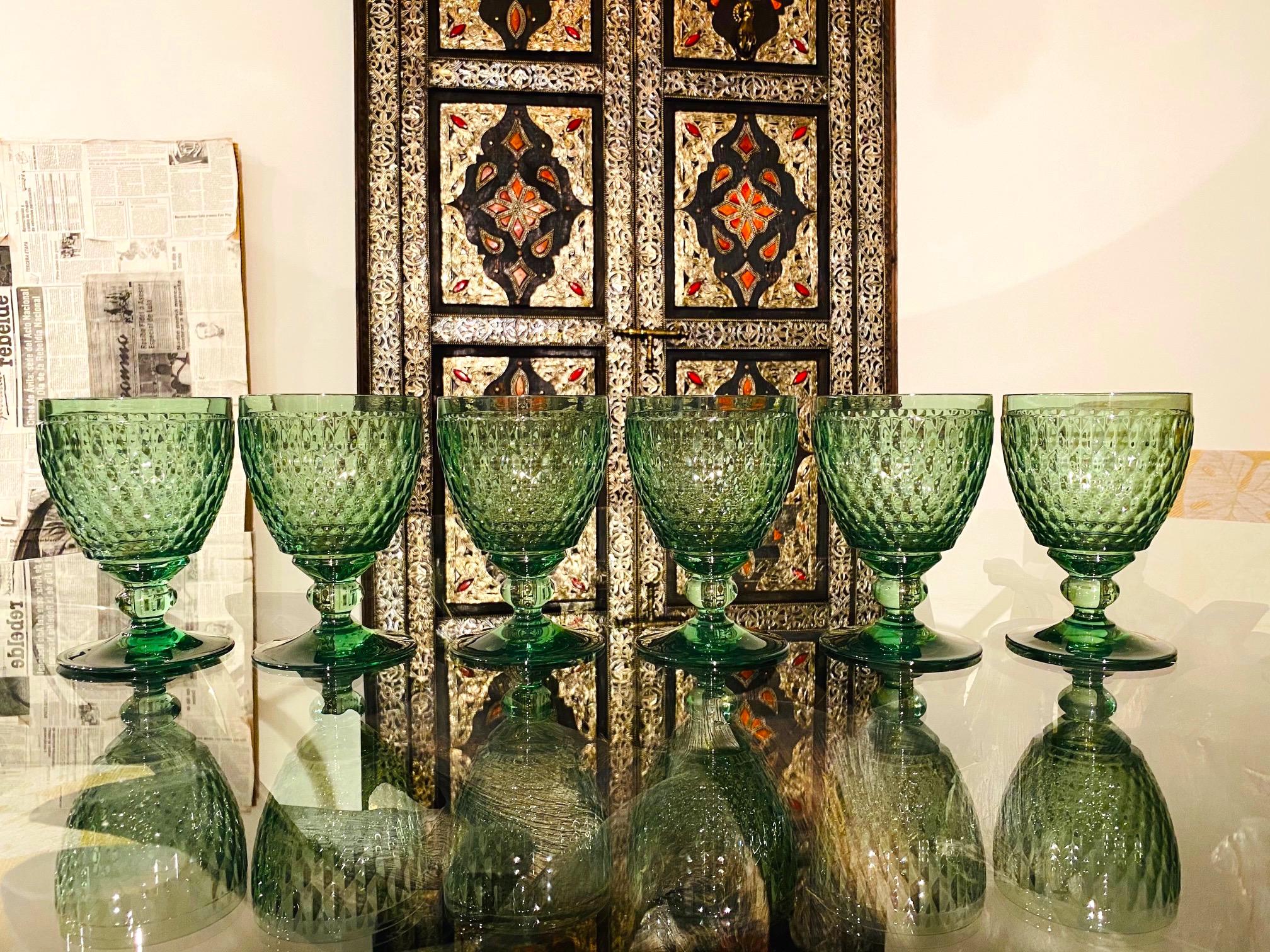 Set of Six Vintage Villeroy & Boch Blown Crystal Goblets in Green, circa 2005 2