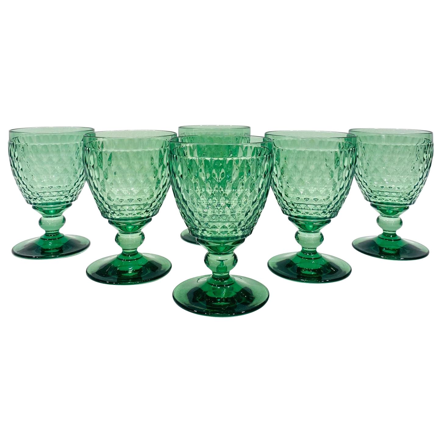 Set of Six Vintage Villeroy & Boch Blown Crystal Goblets in Green, circa 2005