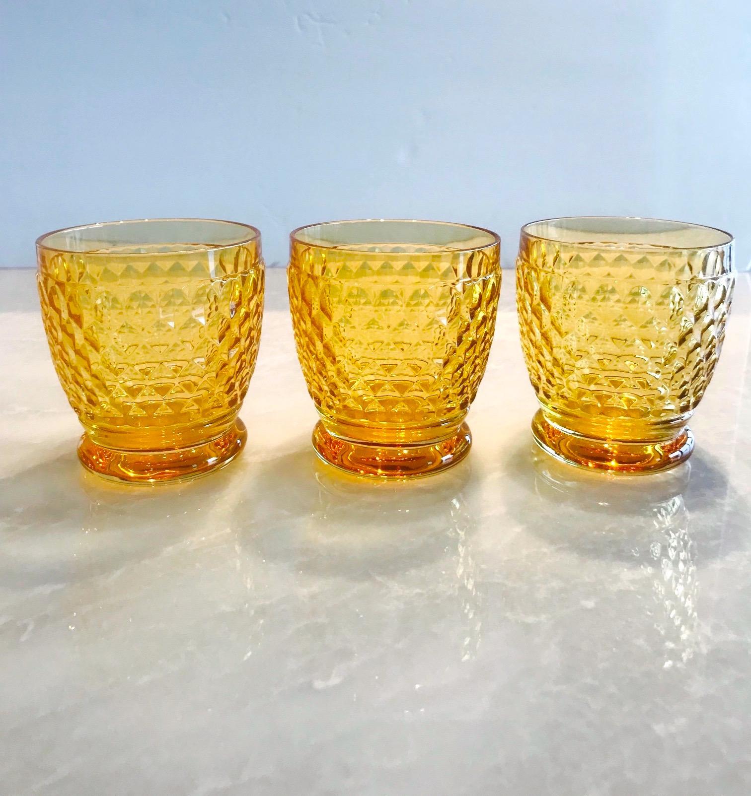 Hand-Crafted Set of Six Vintage Villeroy & Boch Crystal Whiskey Glasses in Amber
