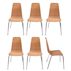 Set of Six Vintage Wicker and Chromed Metal Chairs, Removable Rattan Chair