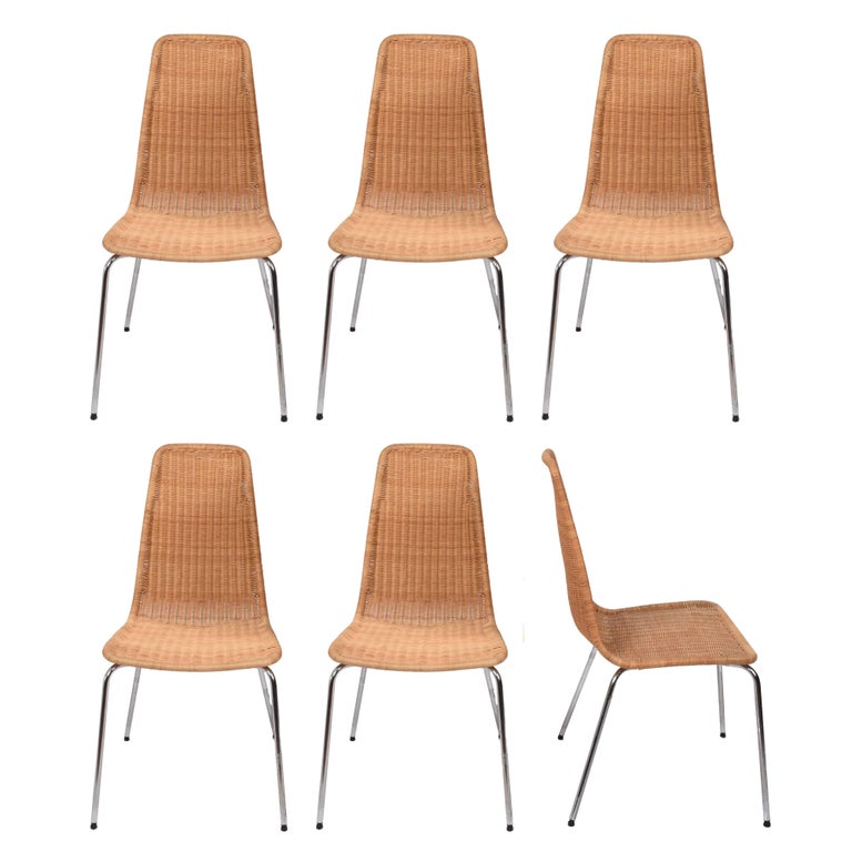 Set of Six Vintage Wicker and Chromed Metal Chairs, Removable Rattan Chair at 1stDibs
