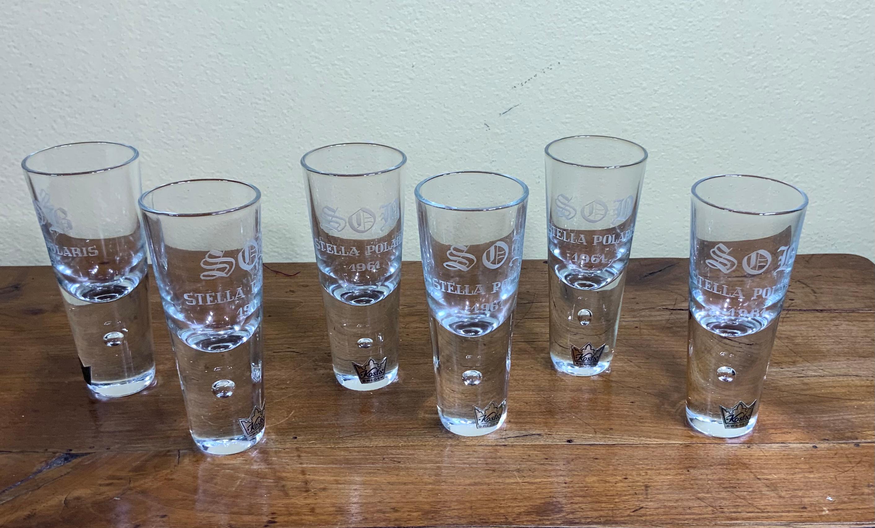 Art Glass Set of Six Vodka Shot Glasses by Stella Polaris For Sale