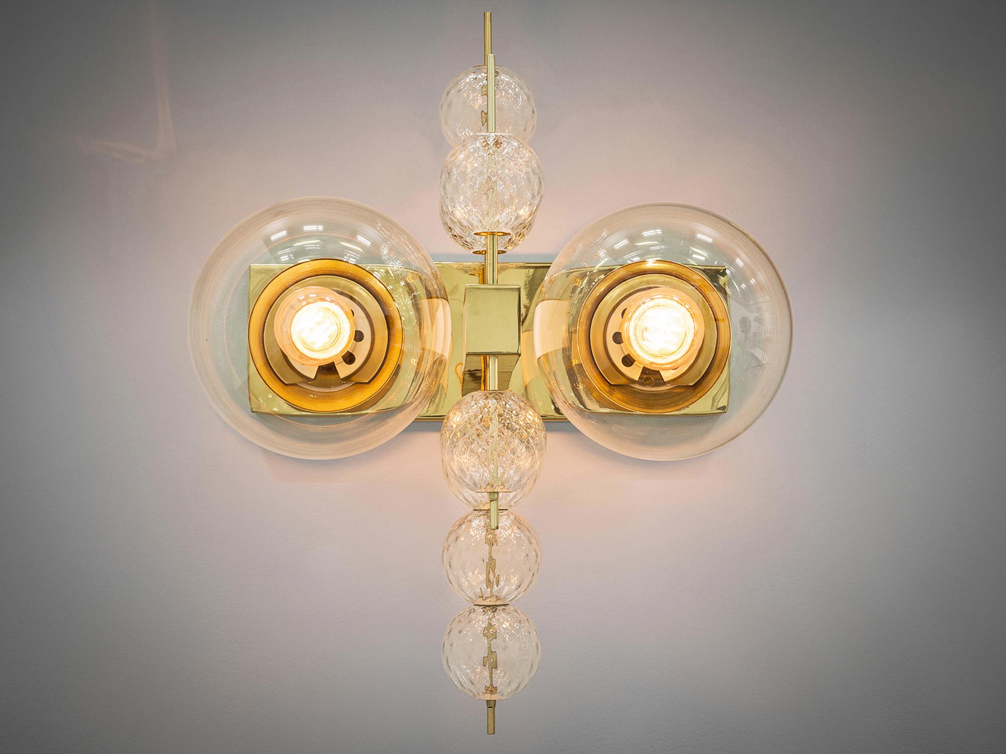 Mid-Century Modern Set of Six Wall Light in Brass and Glass