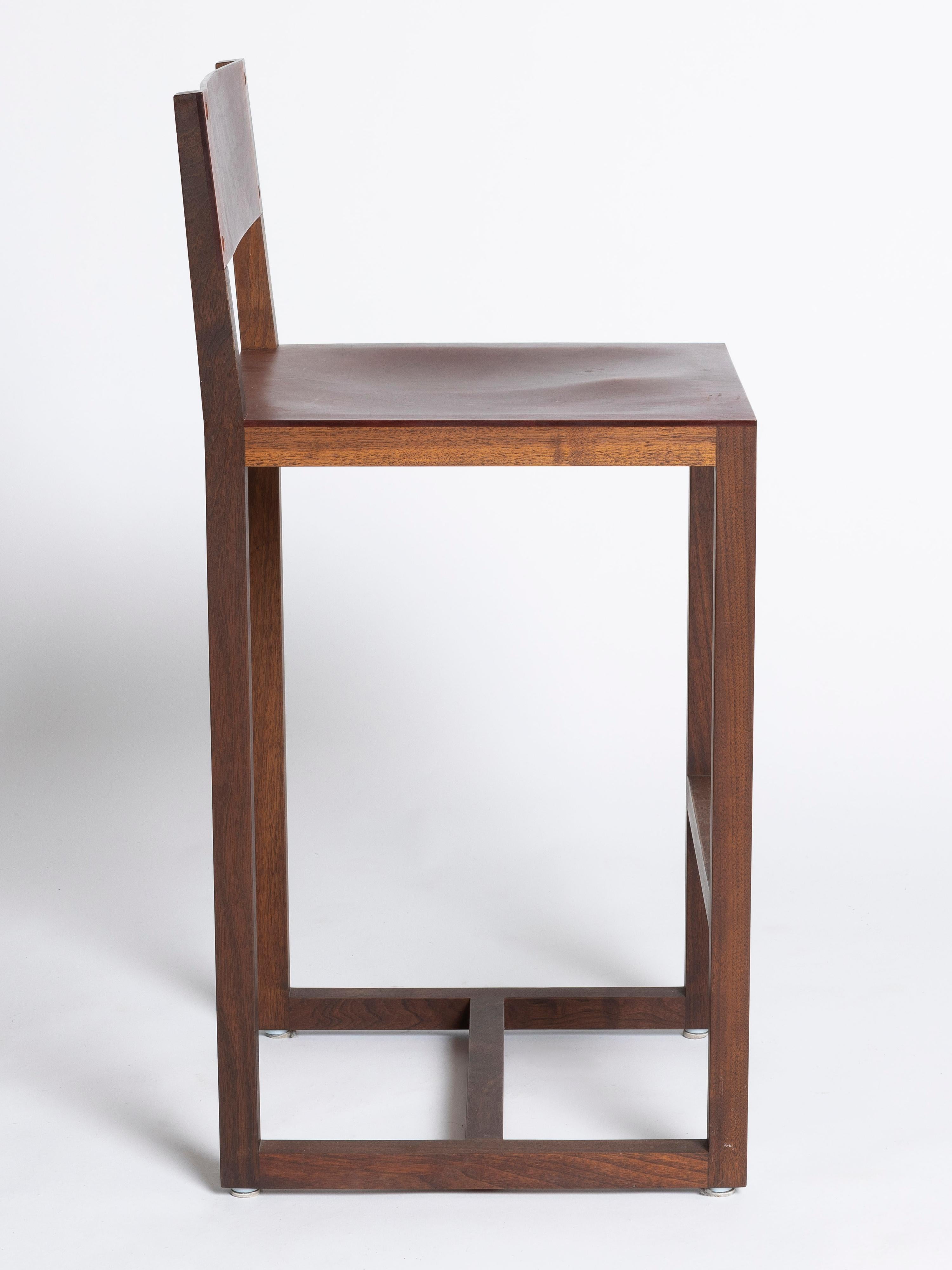 BDDW square guest counter height bar stools in walnut with brown leather seats and backs. Comfortable footrest. Two available. 

BDDW is a small American design and fabrication company dedicated to timeless design, expert craftsmanship and forward