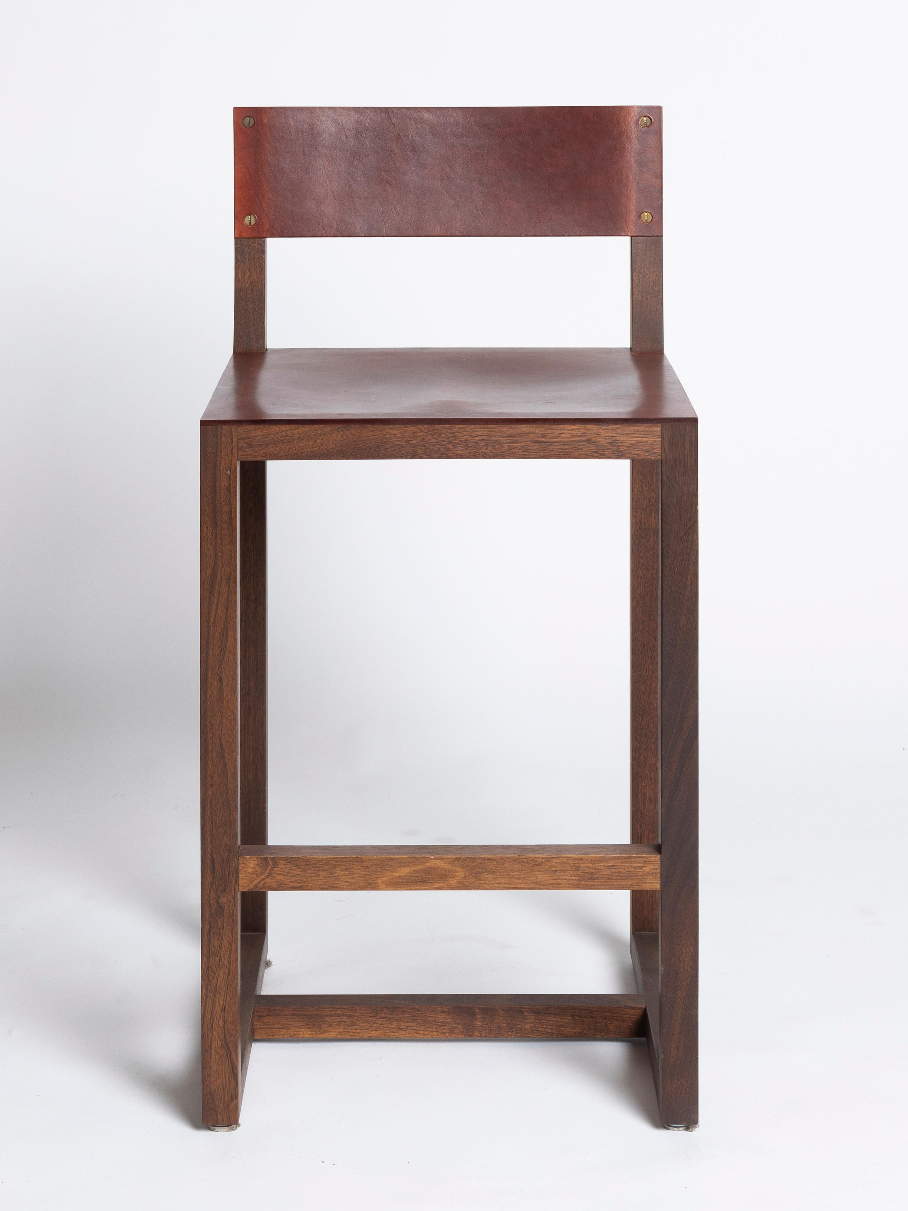 Walnut and Brown Leather Counter Stools by BDDW, Two Available In Excellent Condition In Chicago, IL