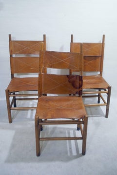 Set of Six Walnut and Cognac Leather Chairs by Carlo Scarpa for Bernini, 1977