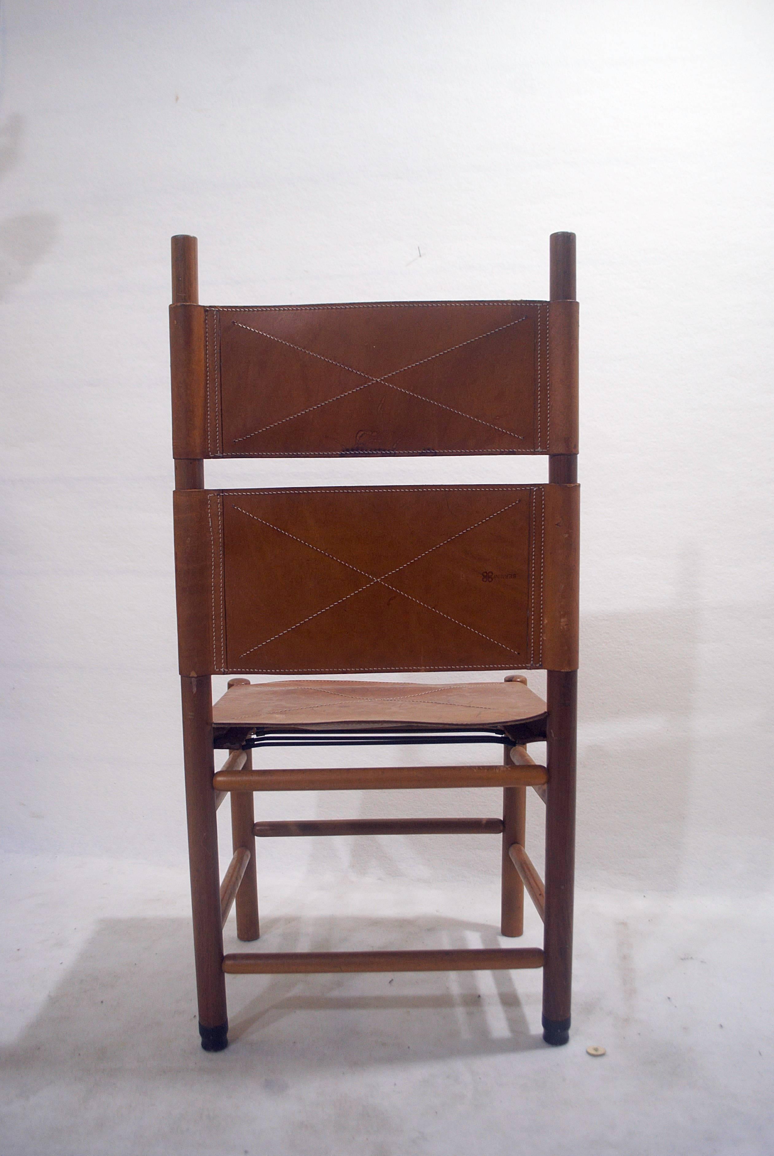 Italian Set of Six Walnut and Cognac Leather Chairs by Carlo Scarpa for Bernini, 1977