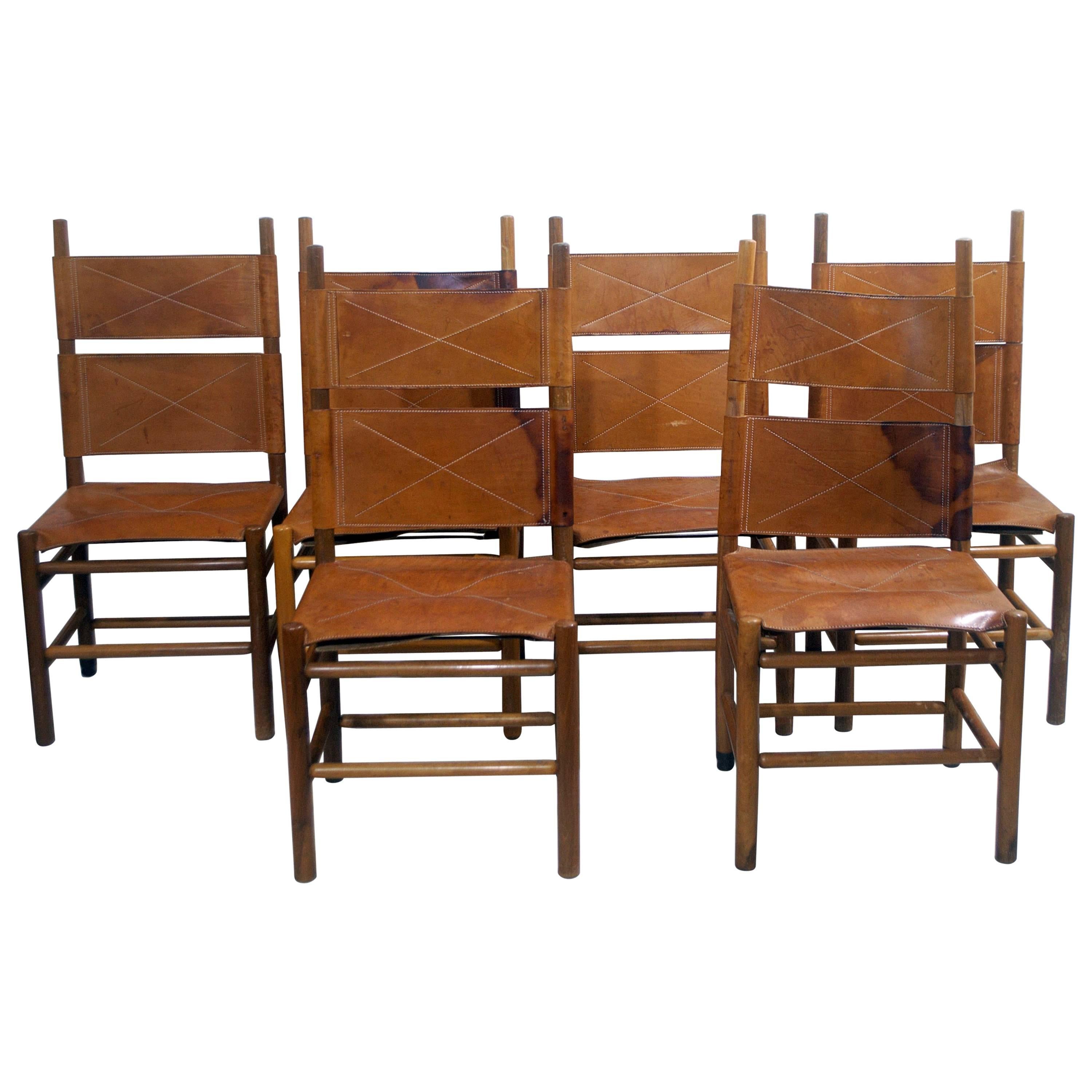 Set of Six Walnut and Cognac Leather Chairs by Carlo Scarpa for Bernini, 1977