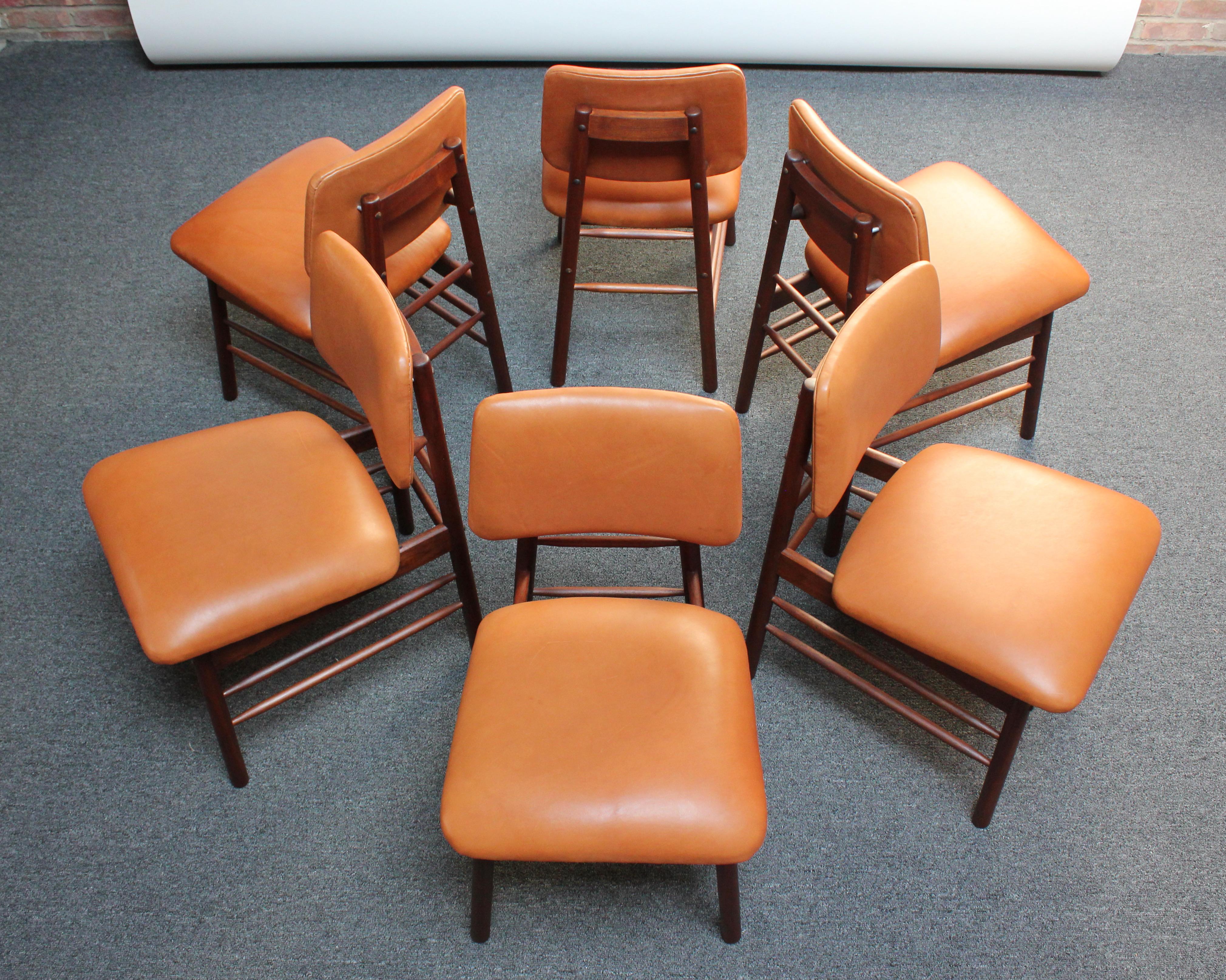 Mid-Century Modern Set of Six Walnut and Leather Dining Chairs by Greta Grossman
