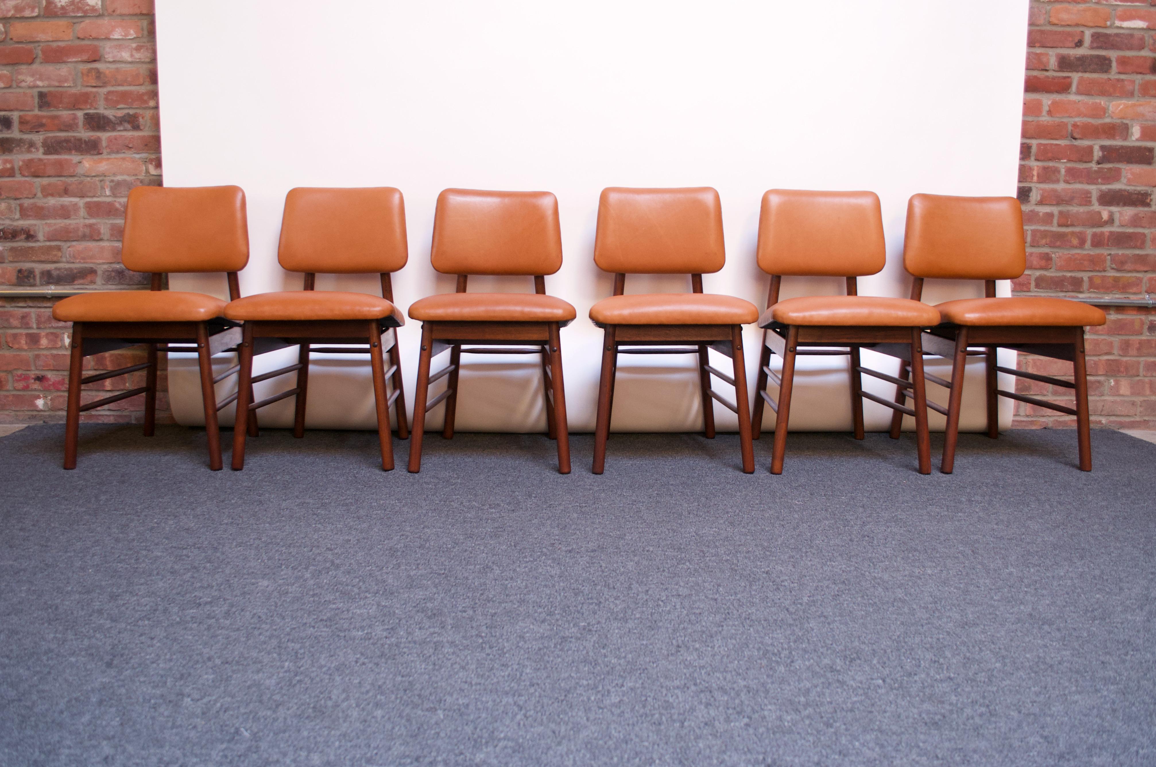 American Set of Six Walnut and Leather Dining Chairs by Greta Grossman