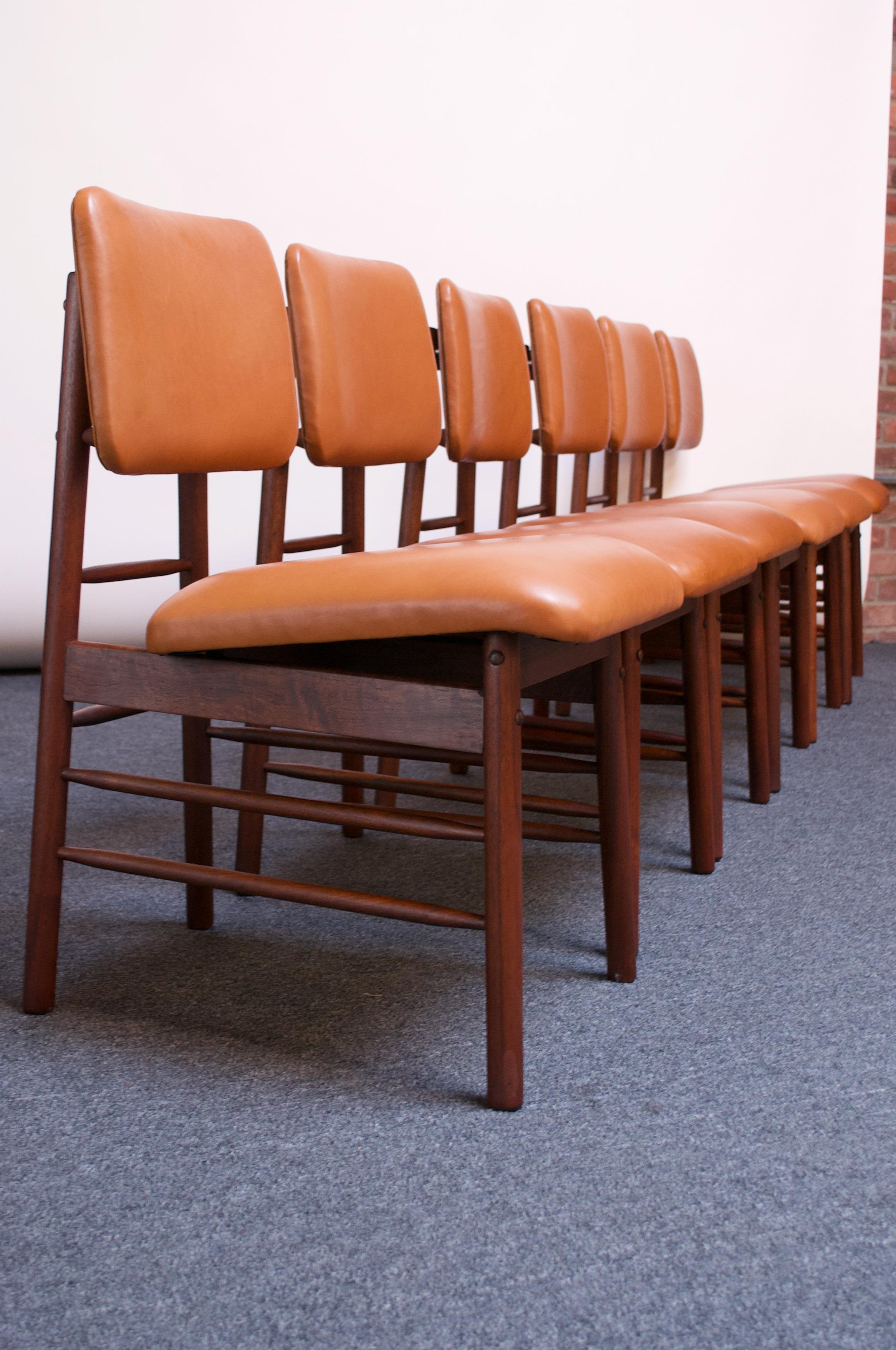 Mid-20th Century Set of Six Walnut and Leather Dining Chairs by Greta Grossman