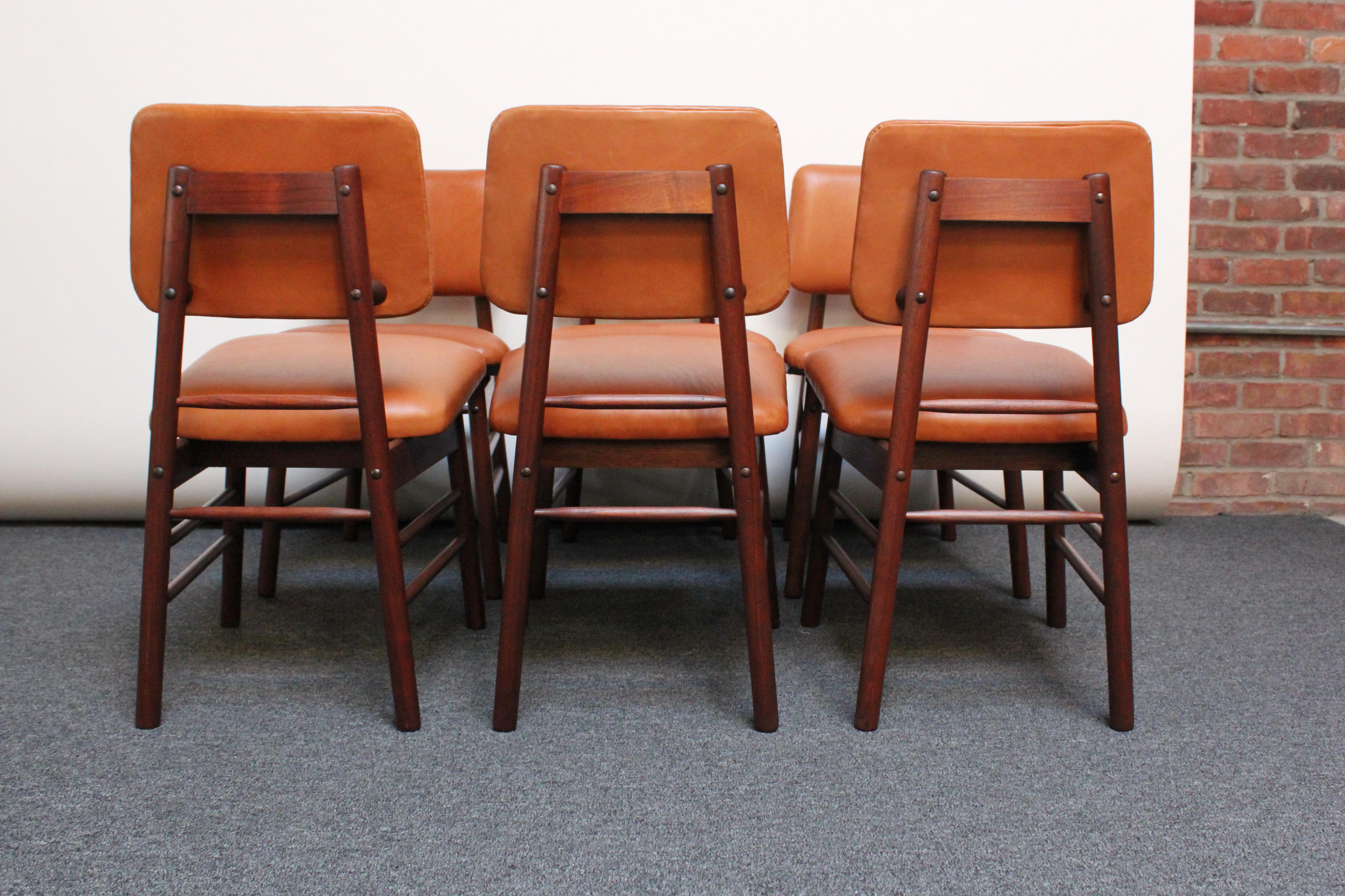 Aluminum Set of Six Walnut and Leather Dining Chairs by Greta Grossman