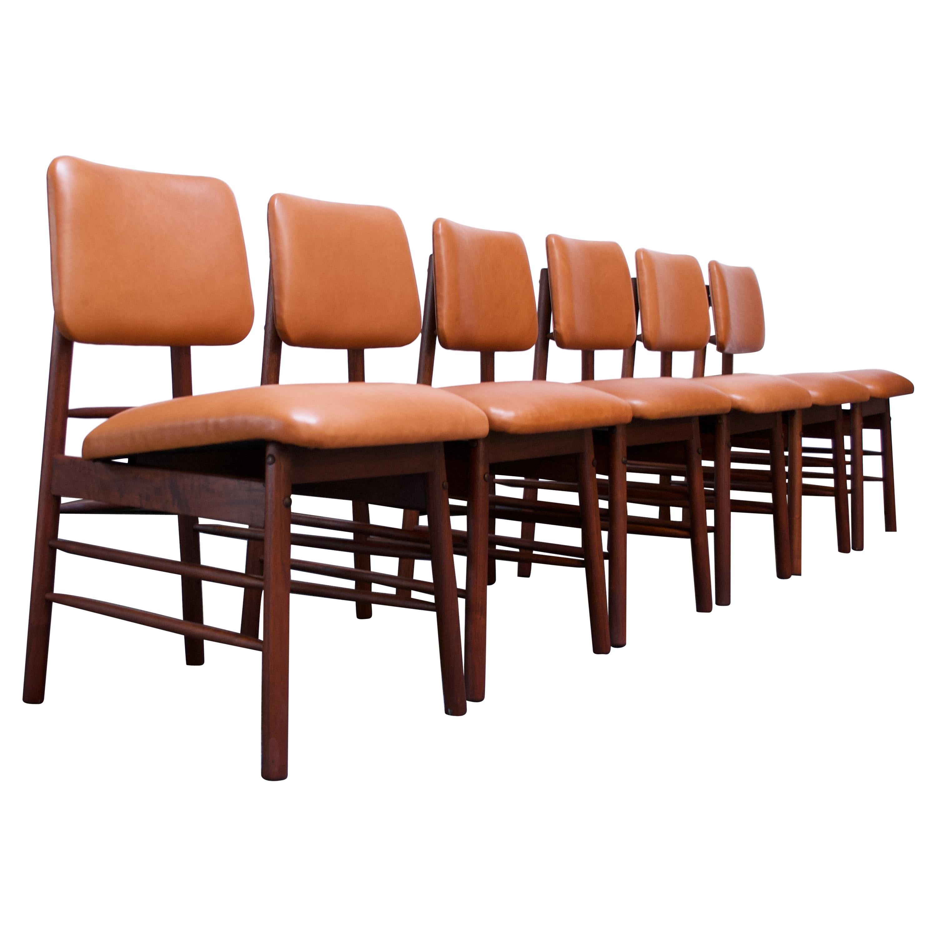 Set of Six Walnut and Leather Dining Chairs by Greta Grossman