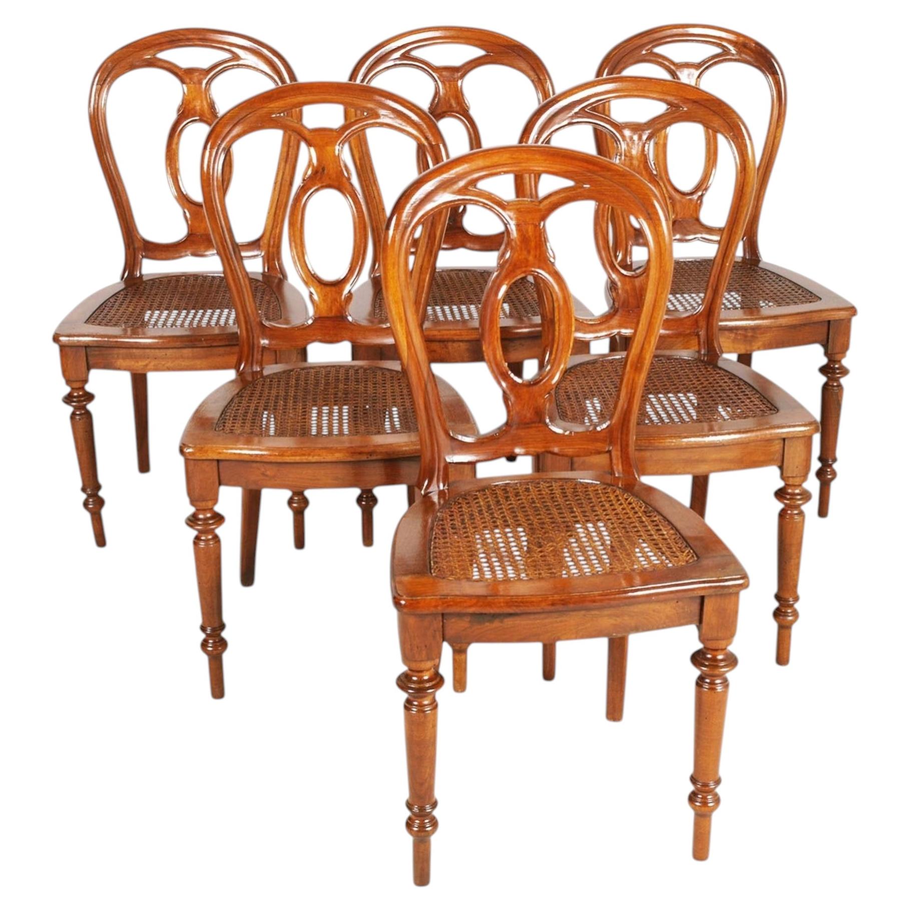 Set of Six Walnut Chairs with Vienna Straw Seats, Italy, Early 20th Century For Sale