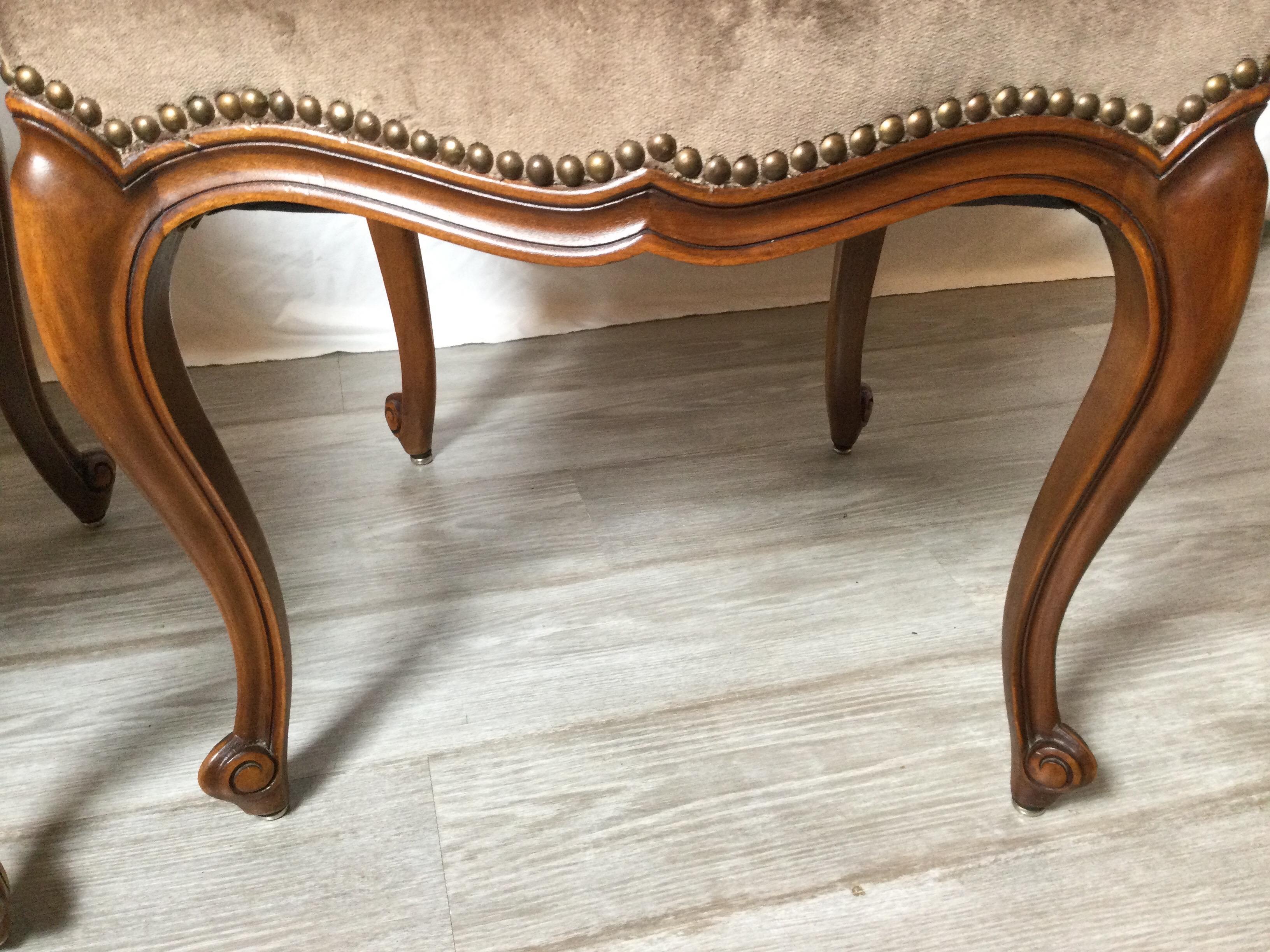 Set of Six Walnut Country French Chairs, Brown Leather Back, Brown Velvet Seats 5