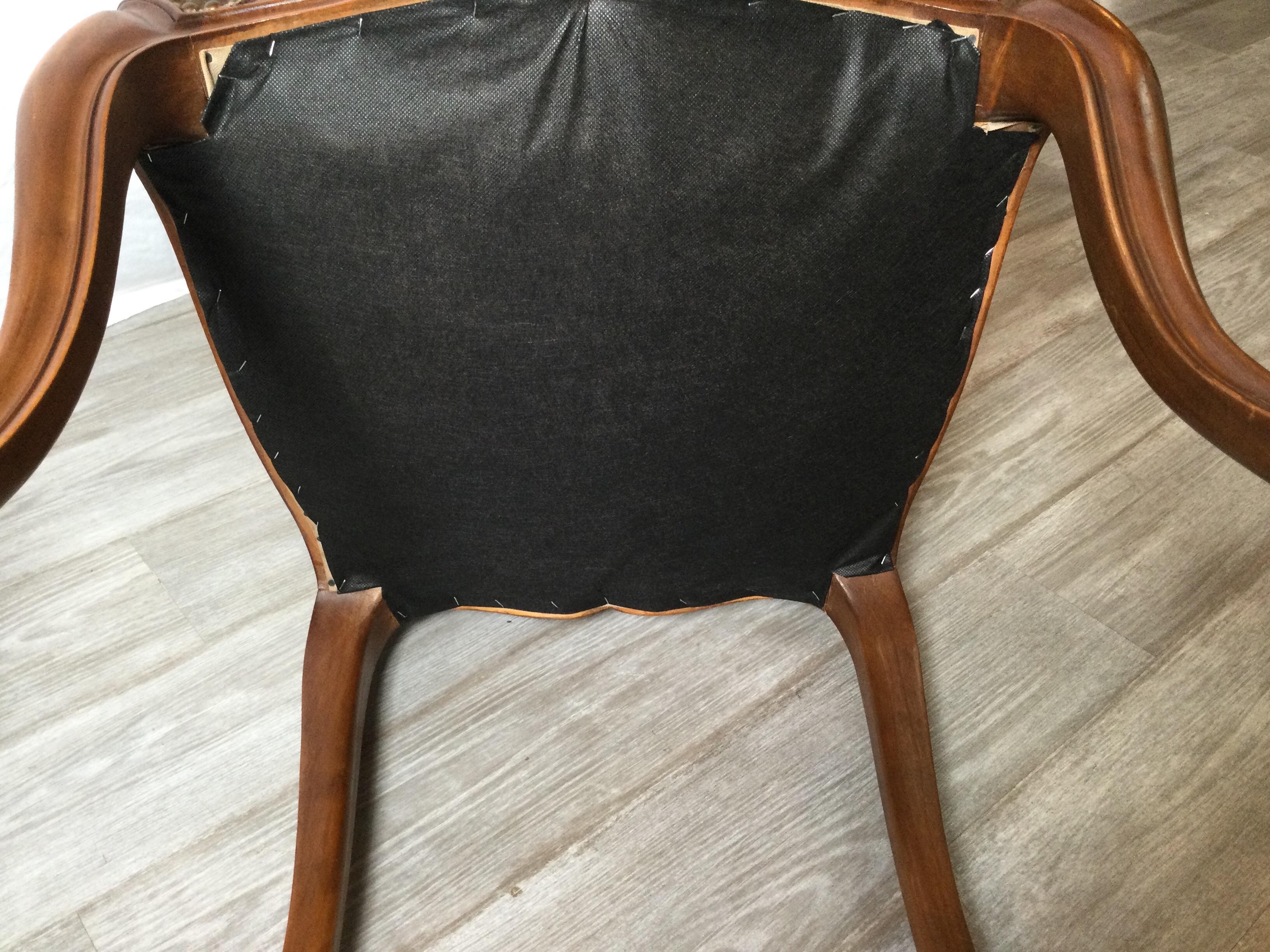 Set of Six Walnut Country French Chairs, Brown Leather Back, Brown Velvet Seats 6