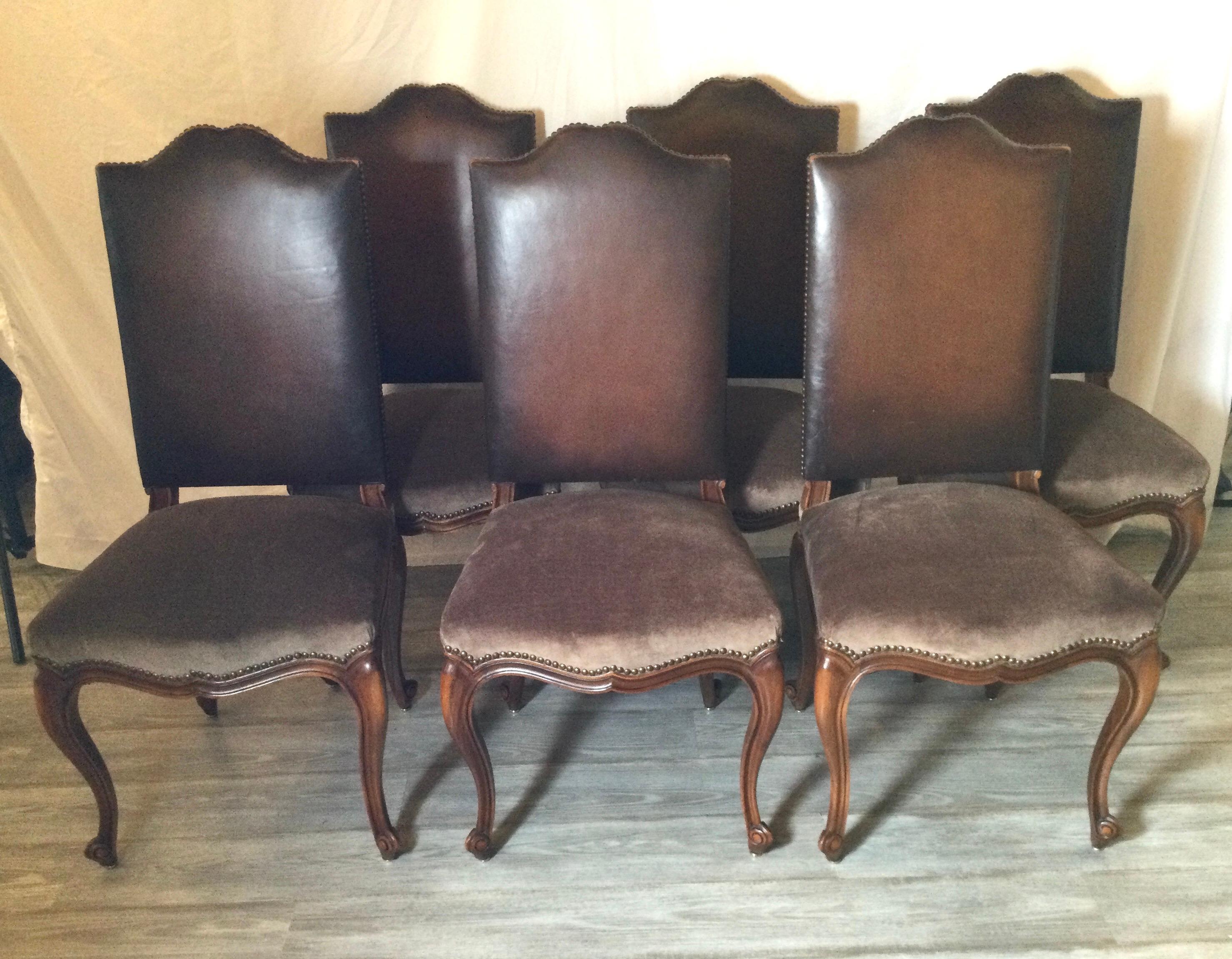 Set of Six Walnut Country French Chairs, Brown Leather Back, Brown Velvet Seats 7