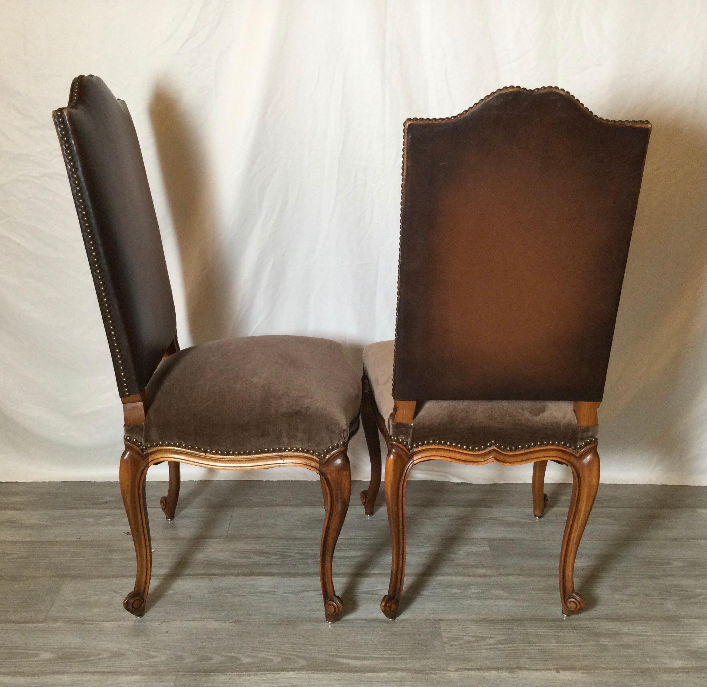 French Provincial Set of Six Walnut Country French Chairs, Brown Leather Back, Brown Velvet Seats