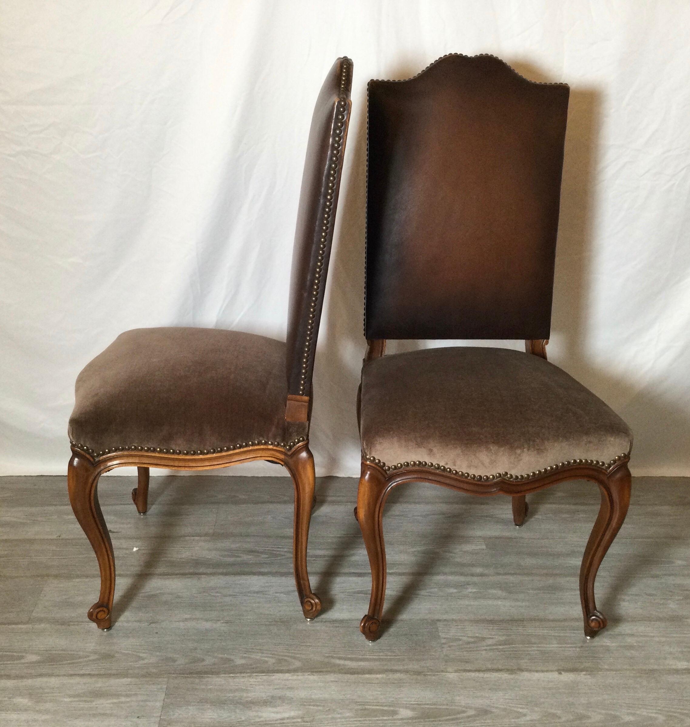 Set of Six Walnut Country French Chairs, Brown Leather Back, Brown Velvet Seats In Good Condition In Lambertville, NJ