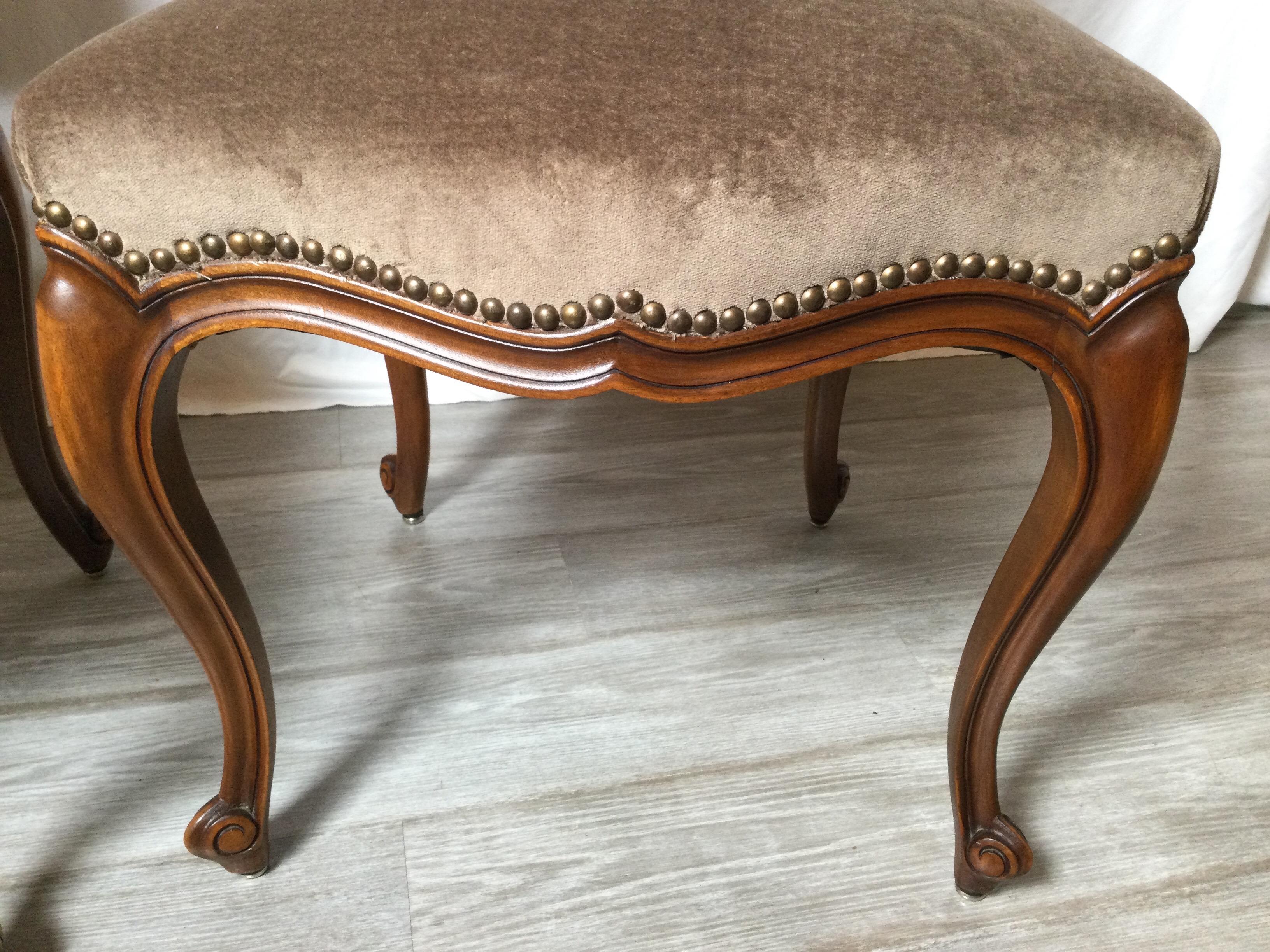 Set of Six Walnut Country French Chairs, Brown Leather Back, Brown Velvet Seats 4