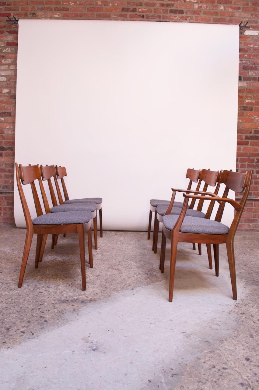 Mid-Century Modern Set of Six Walnut “Declaration” Dining Chairs by Kipp Stewart for Drexel