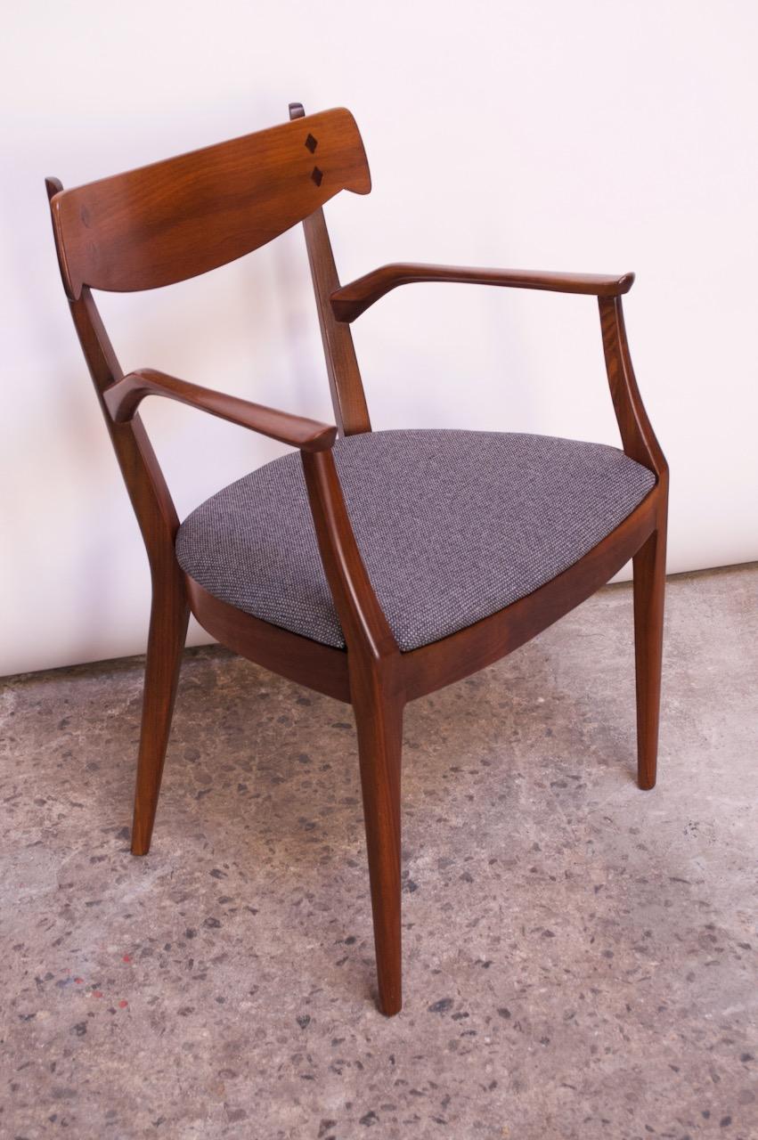 Upholstery Set of Six Walnut “Declaration” Dining Chairs by Kipp Stewart for Drexel