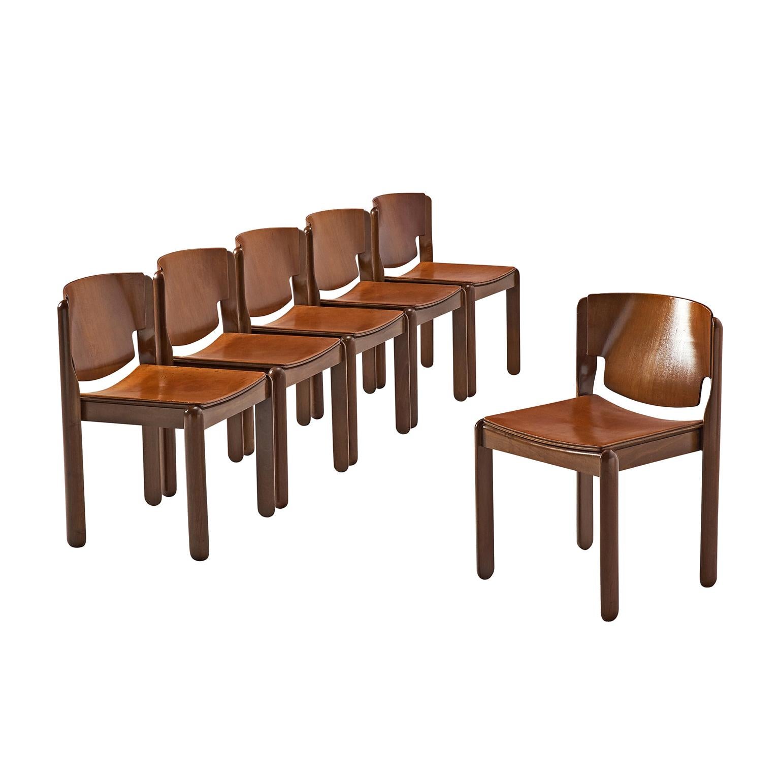Set of Six Walnut Dining Chairs by Vico Magistretti for Cassina