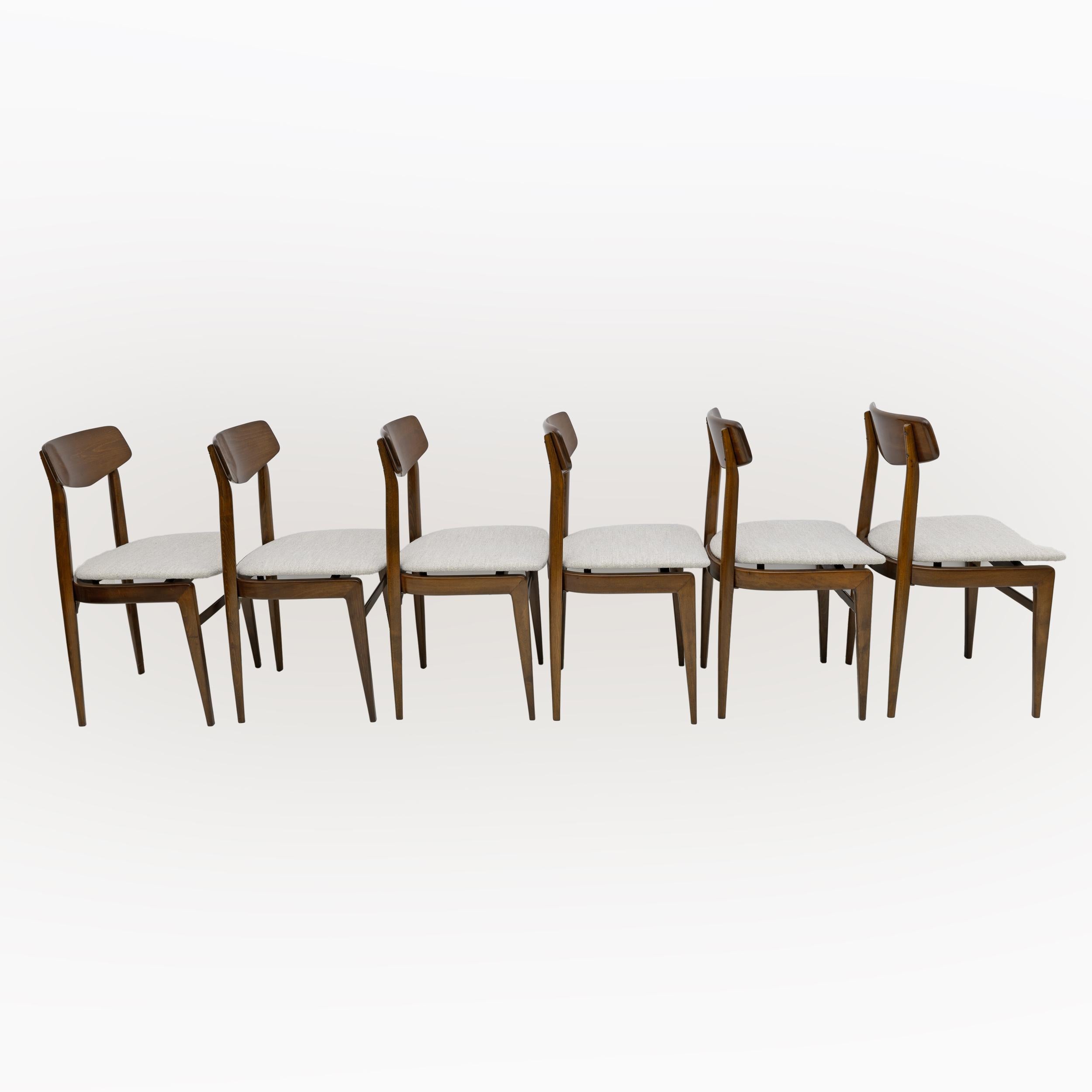 Danish Set of Six Walnut-Stained Beech and Bouclè Fabric Dining Chairs, Denmark, 1960s For Sale