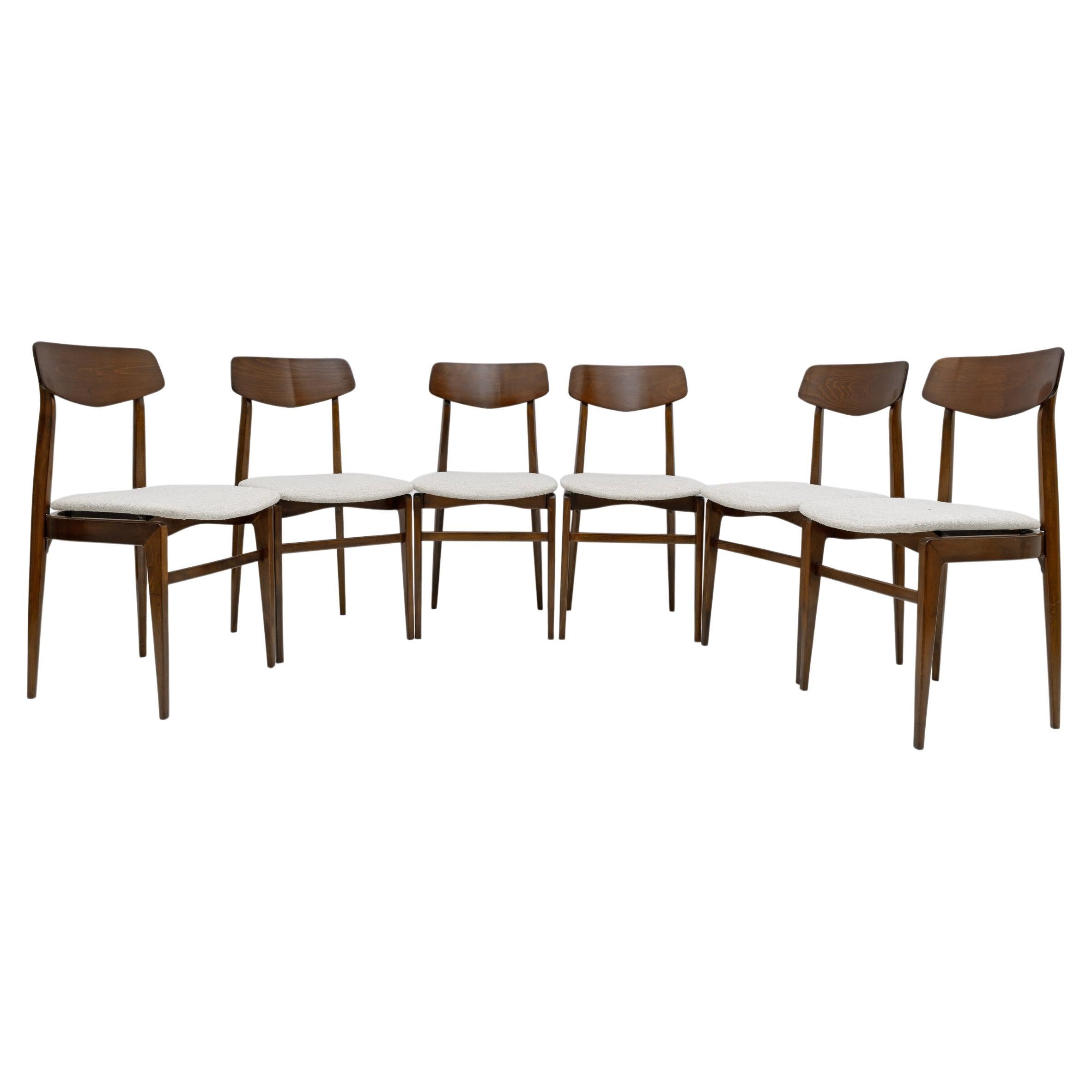 Set of Six Walnut-Stained Beech and Bouclè Fabric Dining Chairs, Denmark, 1960s For Sale