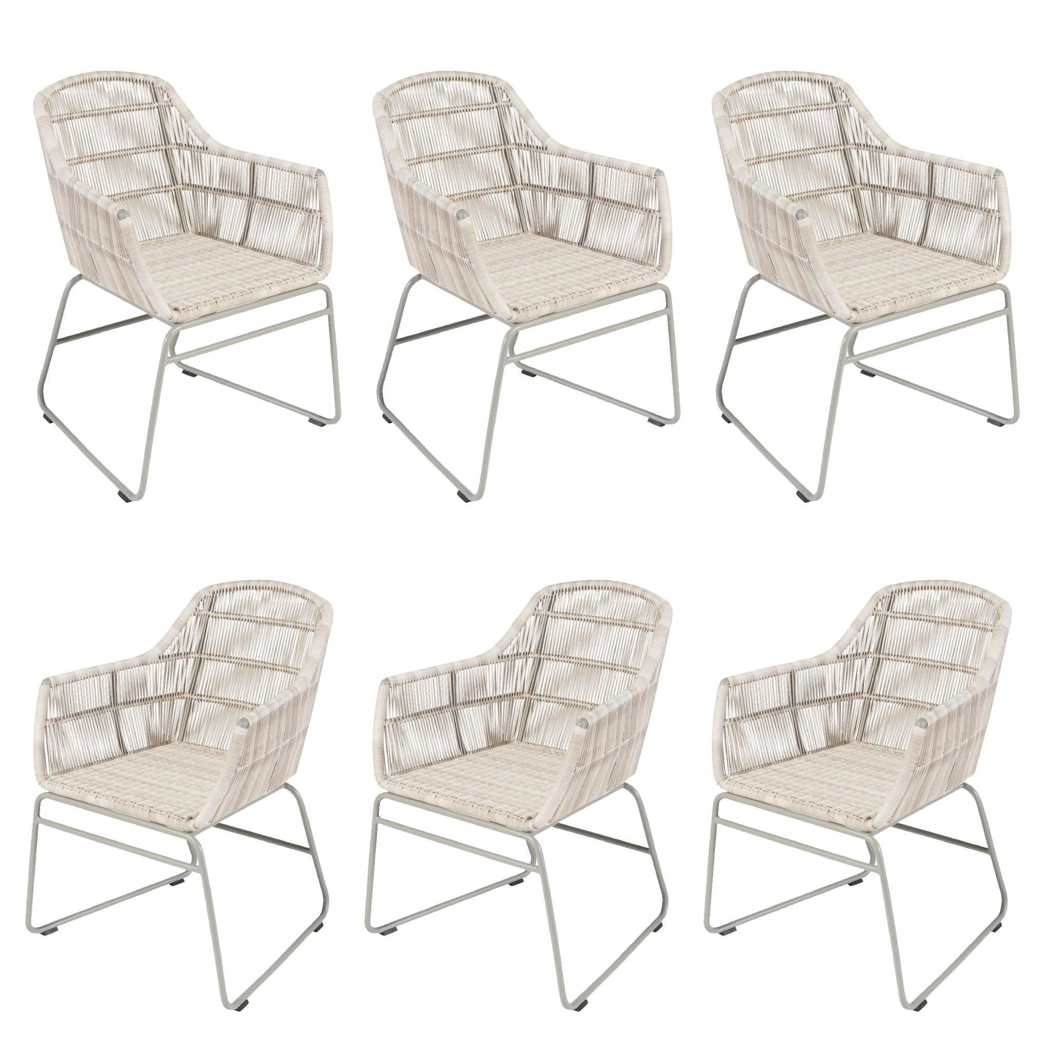 Set of Six Warm White Resin and Metal Outdoor Armchairs