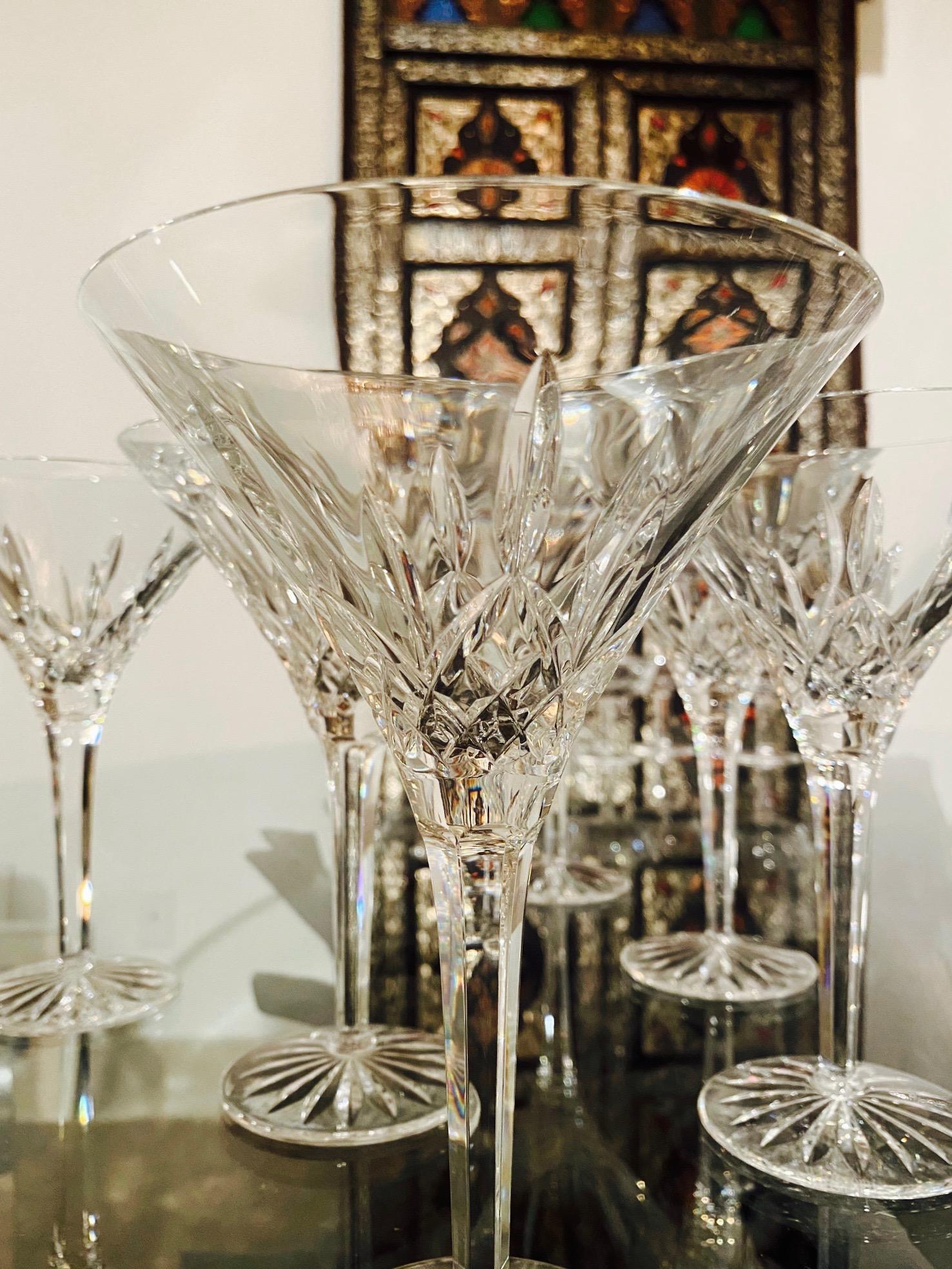 Faceted Set of Six Waterford Crystal Tall Martini Glasses, Lismore Series, circa 1995