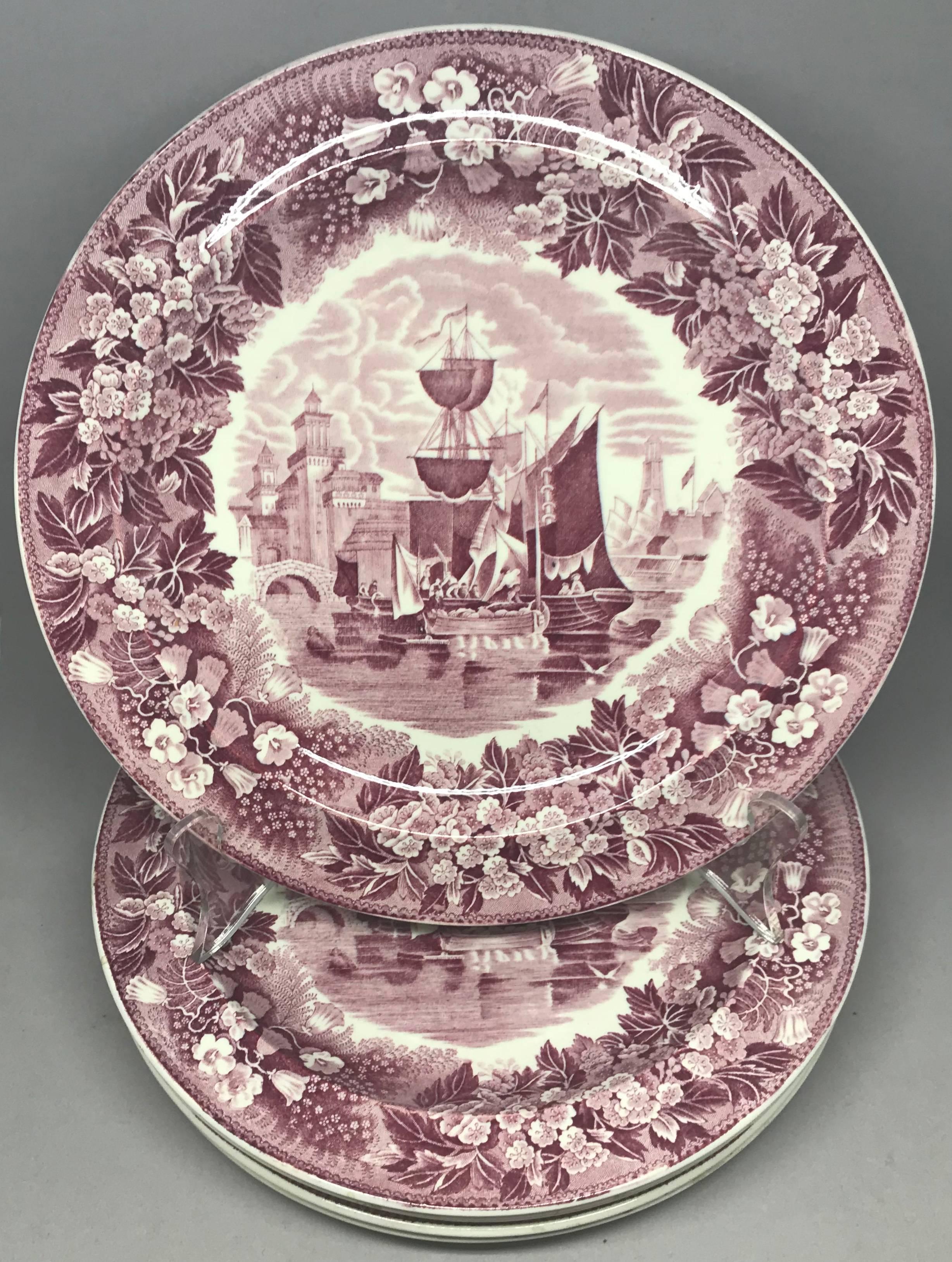 Set of six Wedgwood Ferrara plates.  Six vintage plates in mulberry purple Ferrara pattern with impressed marks for 
Wedgwood.  England, 1947.  
Dimension: 9.25