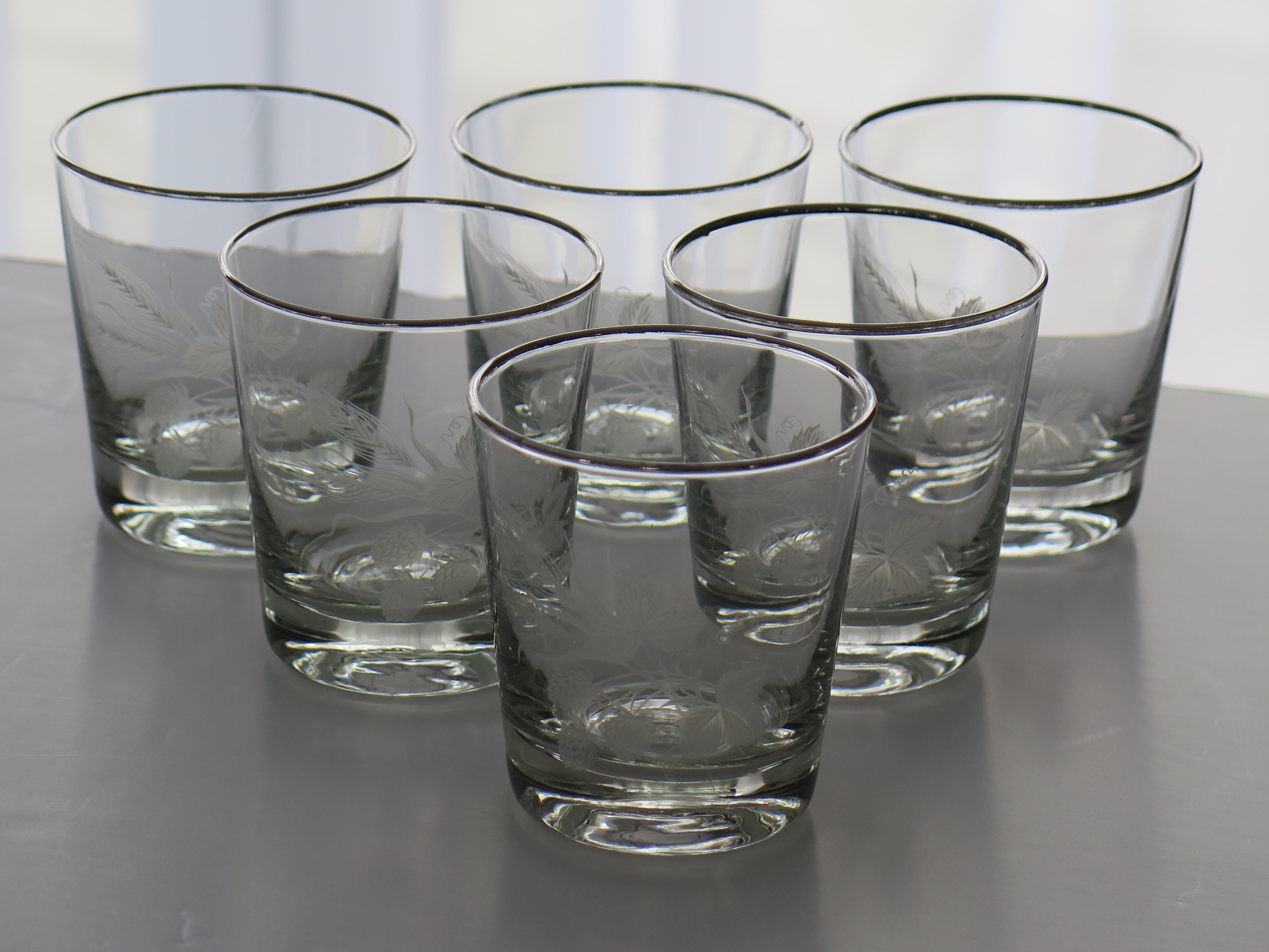 Set of SIX Whisky Drinking Glasses Barley Decoration & Silver Rim, circa 1950s For Sale 4