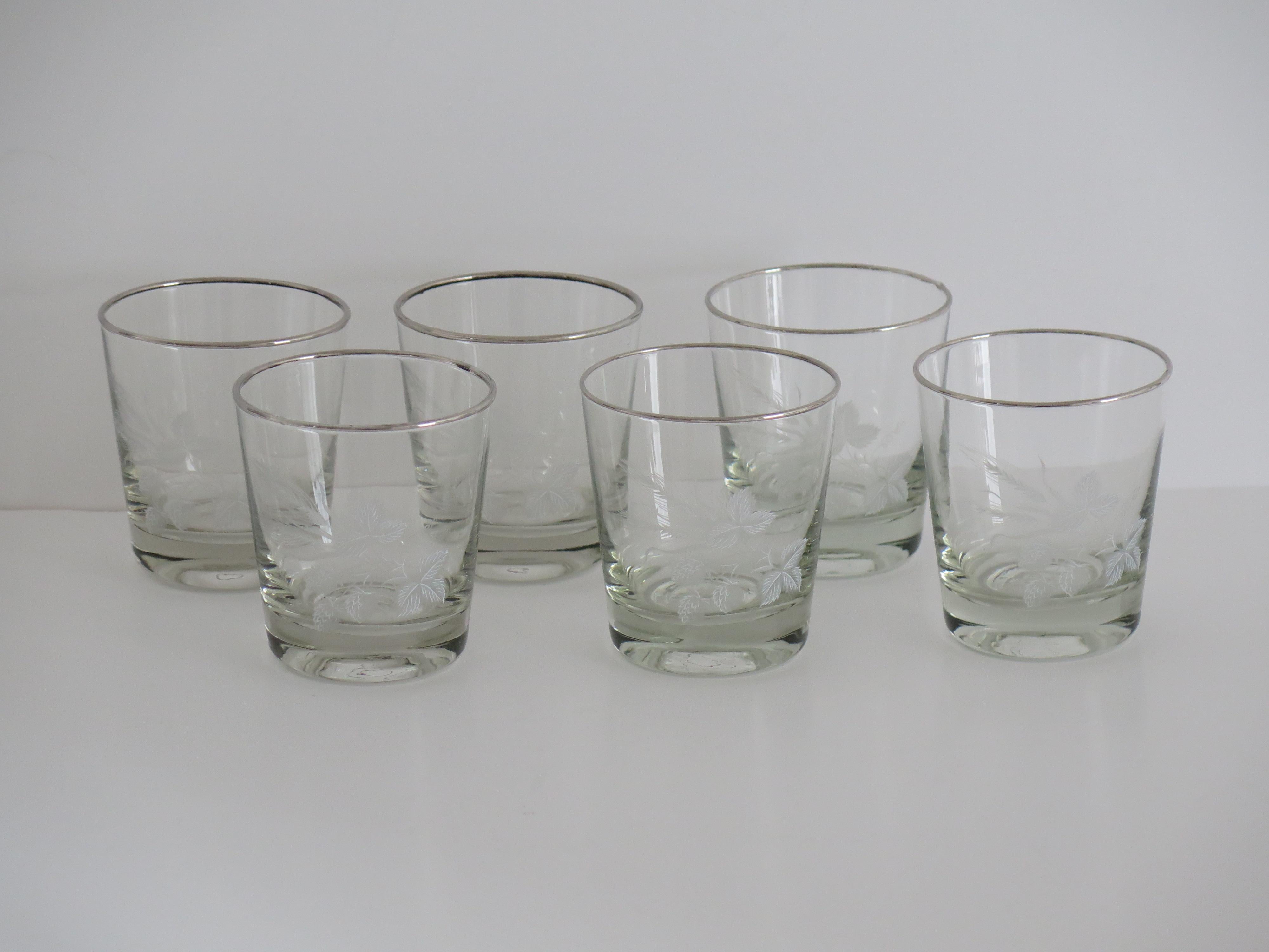 Mid-Century Modern Set of SIX Whisky Drinking Glasses Barley Decoration & Silver Rim, circa 1950s For Sale