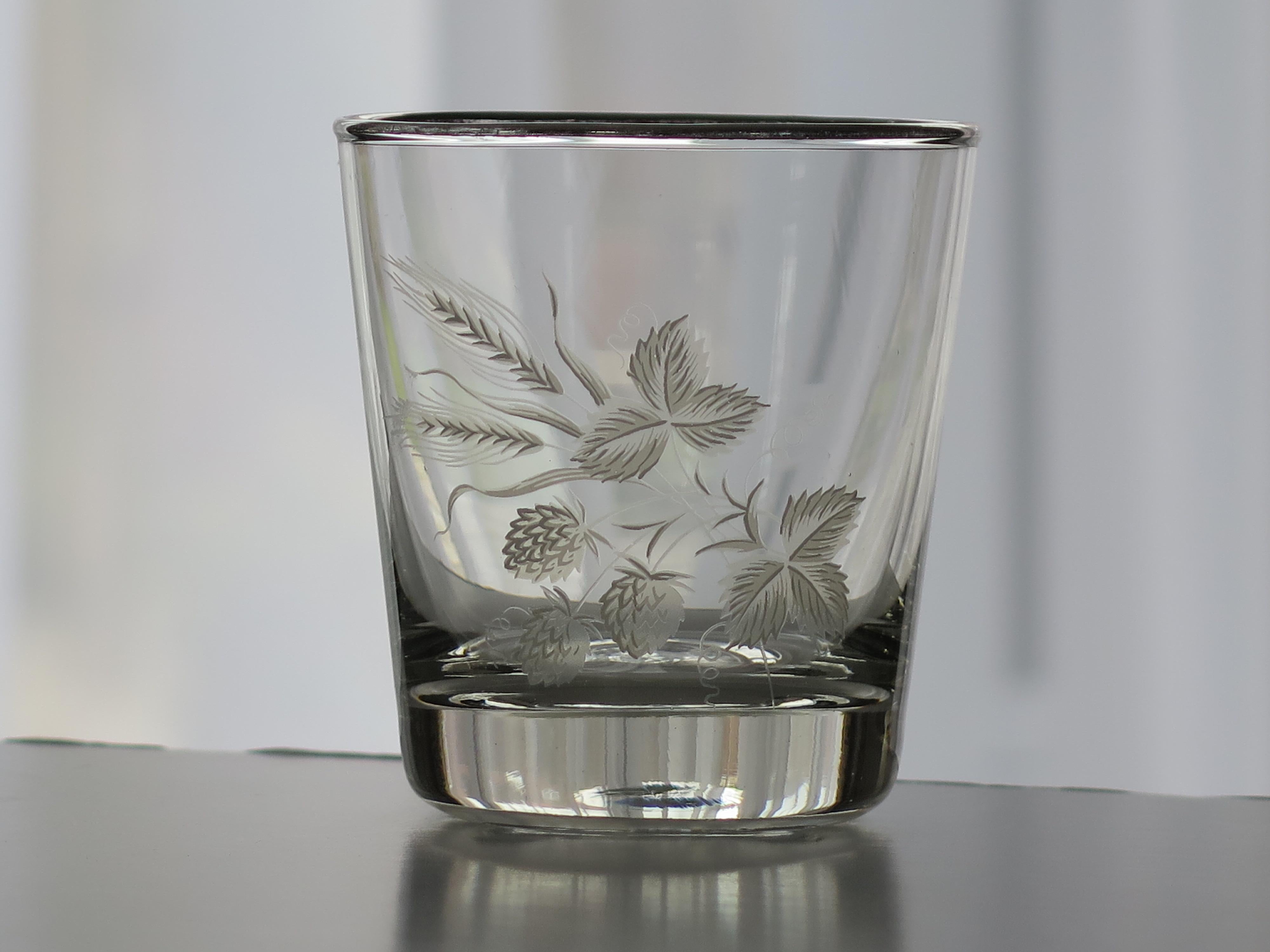 Engraved Set of SIX Whisky Drinking Glasses Barley Decoration & Silver Rim, circa 1950s For Sale