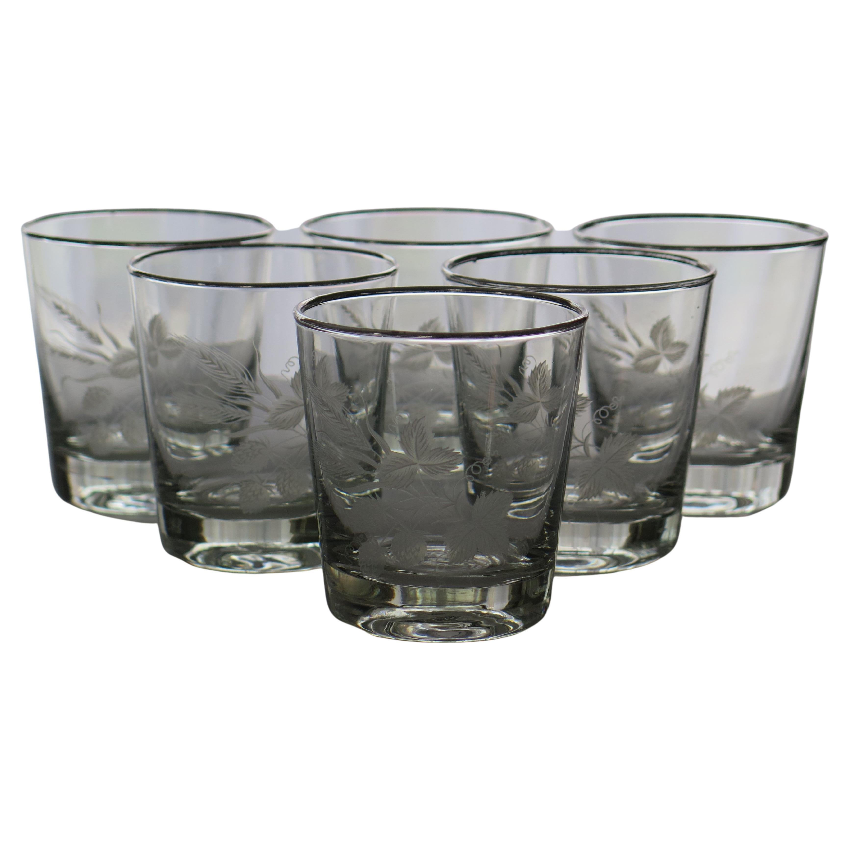 Set of SIX Whisky Drinking Glasses Barley Decoration & Silver Rim, circa 1950s For Sale