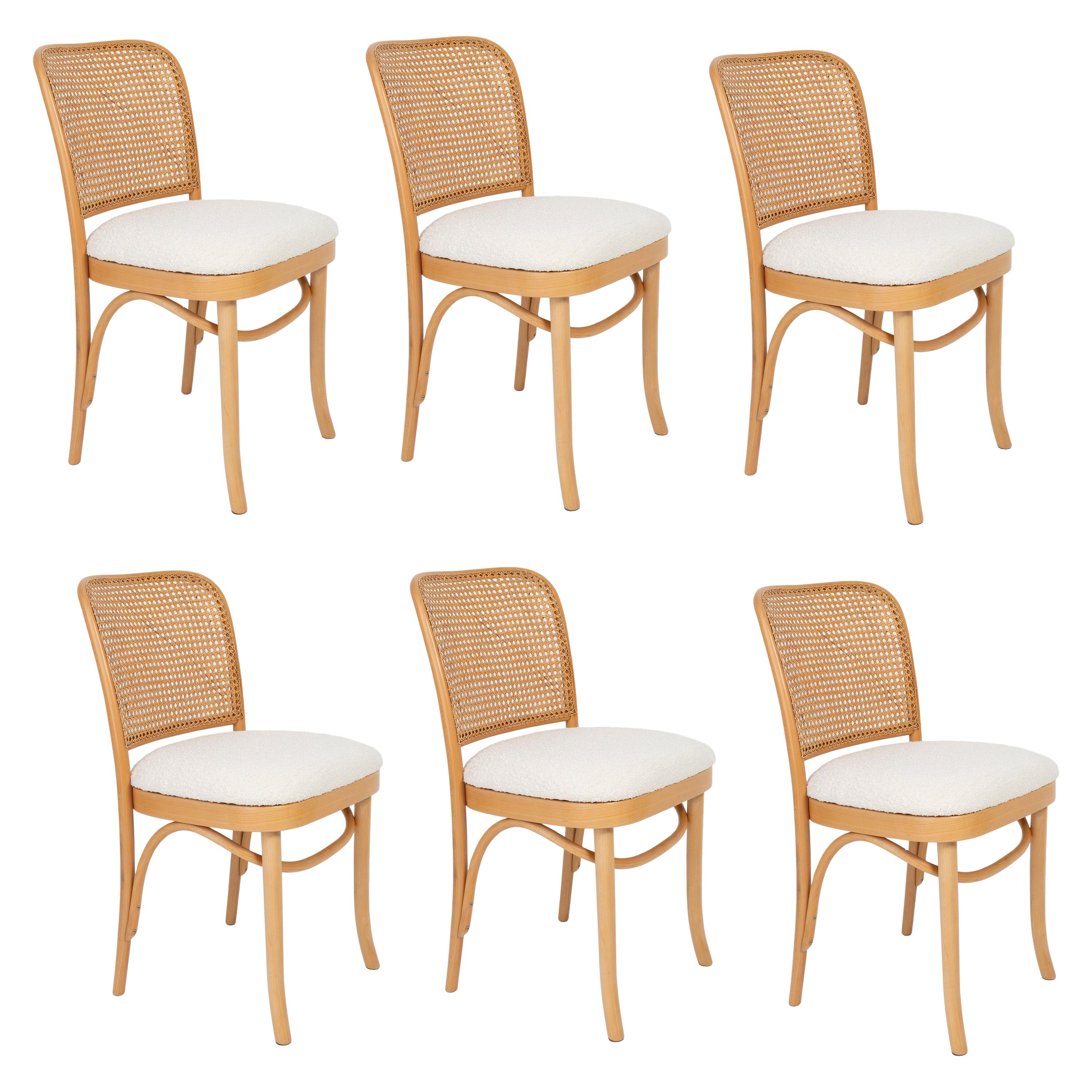 Set of Six White Boucle Thonet Wood Rattan Chairs, 1960s