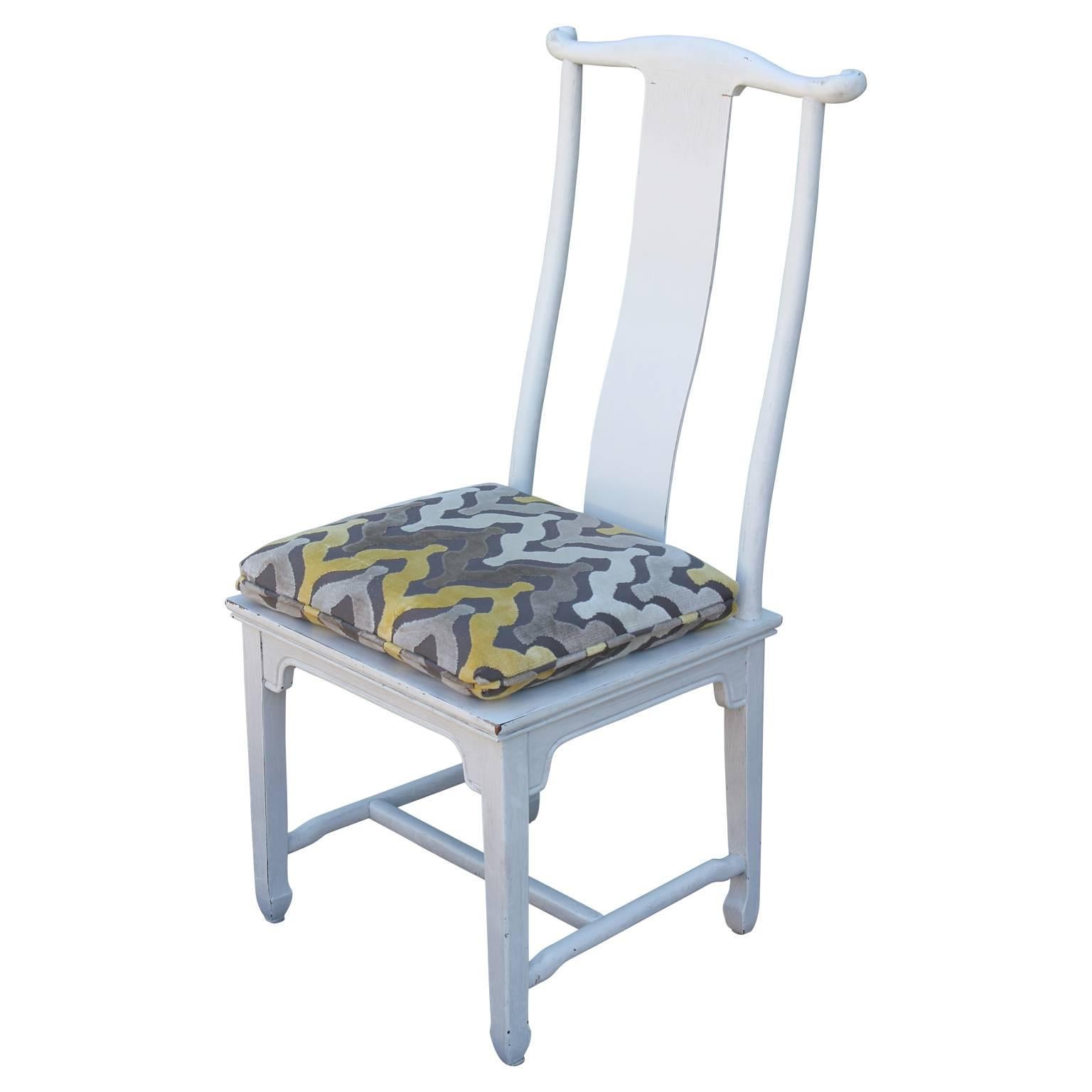 Set of six white Pagoda Asian style dining chairs with a distressed finish and upholstered in a chevron patterned fabric.