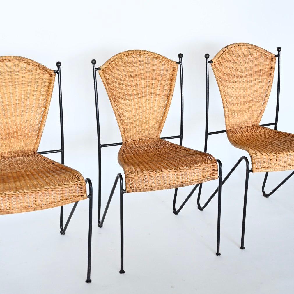 Mid-Century Modern Set of Six Wicker and Iron dining chairs by Frederic Weinberg, 1950's For Sale