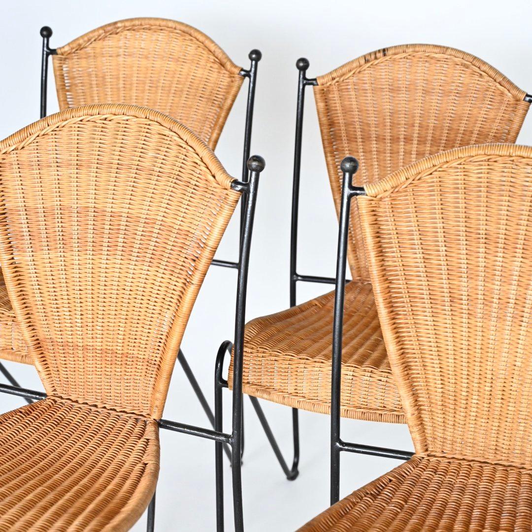 Mid-Century Modern Set of Six Wicker and Iron dining chairs by Frederic Weinberg, 1950's