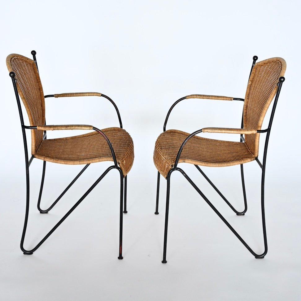 Vimini Set di sei sedie da pranzo in vimini e ferro di Frederic Weinberg, anni '50 in vendita