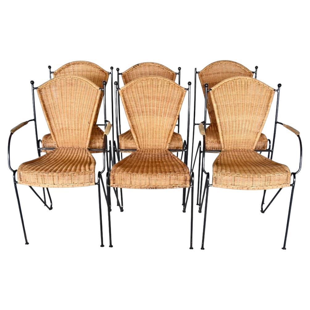 Ensemble de six chaises de salle à manger en osier et en fer de Frederic Weinberg, années 1950 en vente