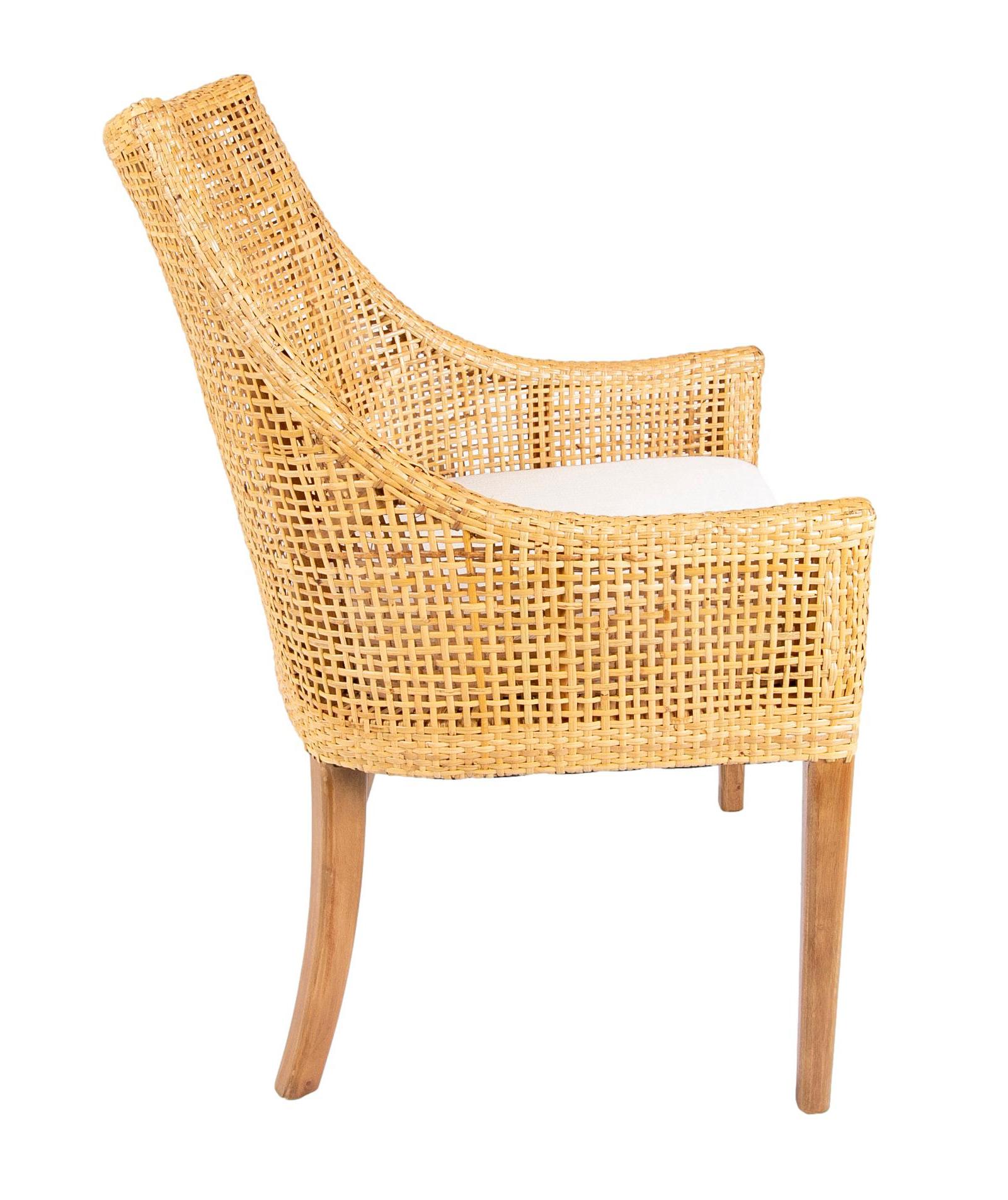 European Set of Six Wicker and Mahogany-Legged Upholstered Chairs For Sale