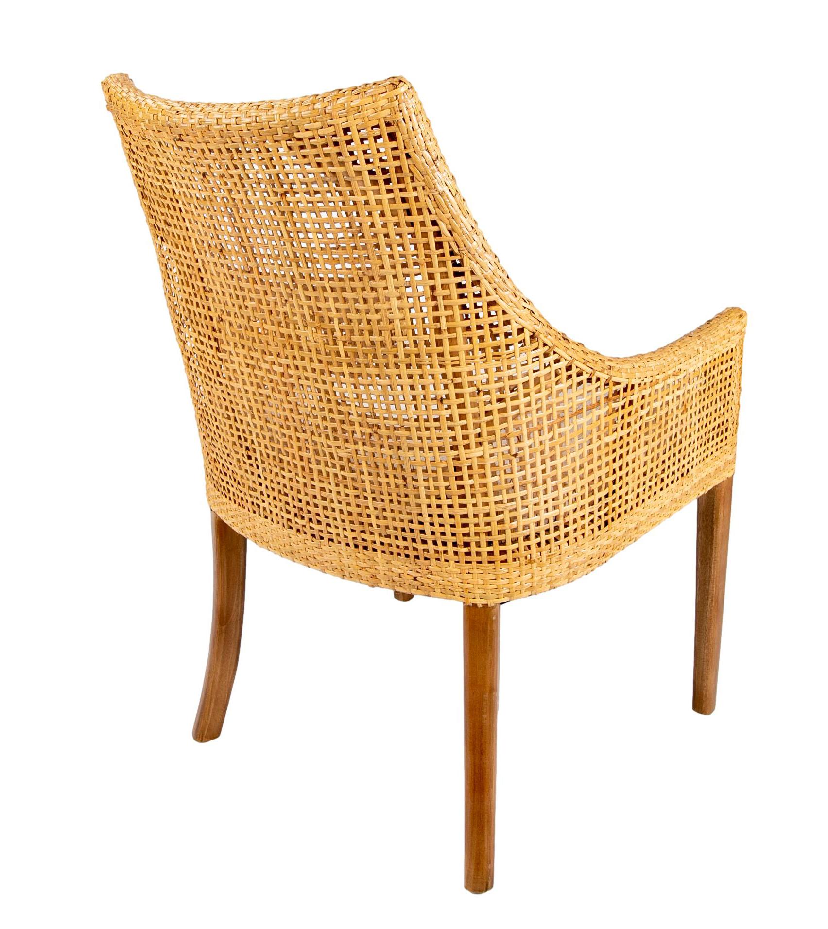 Contemporary Set of Six Wicker and Mahogany-Legged Upholstered Chairs For Sale