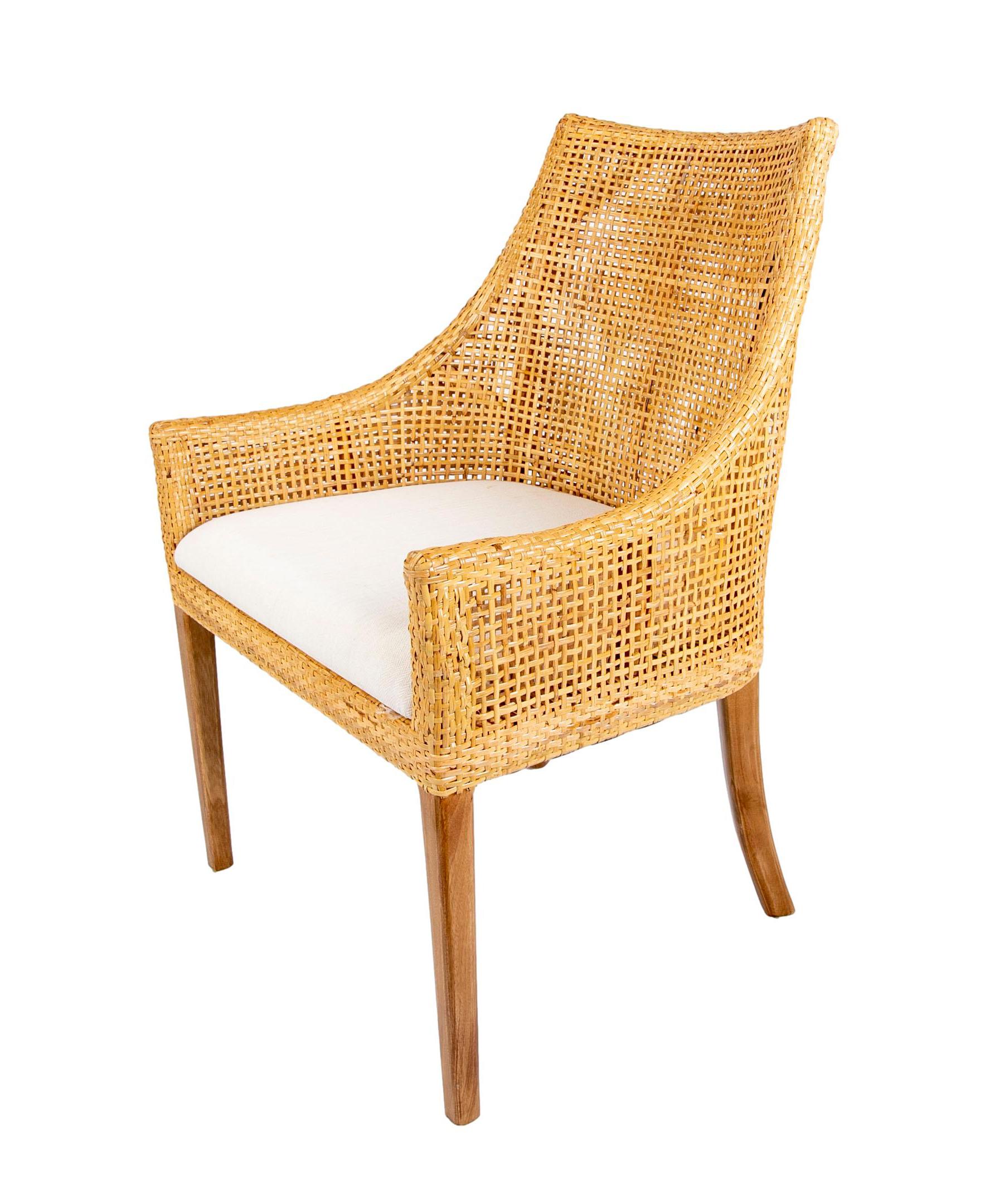Set of Six Wicker and Mahogany-Legged Upholstered Chairs For Sale 4