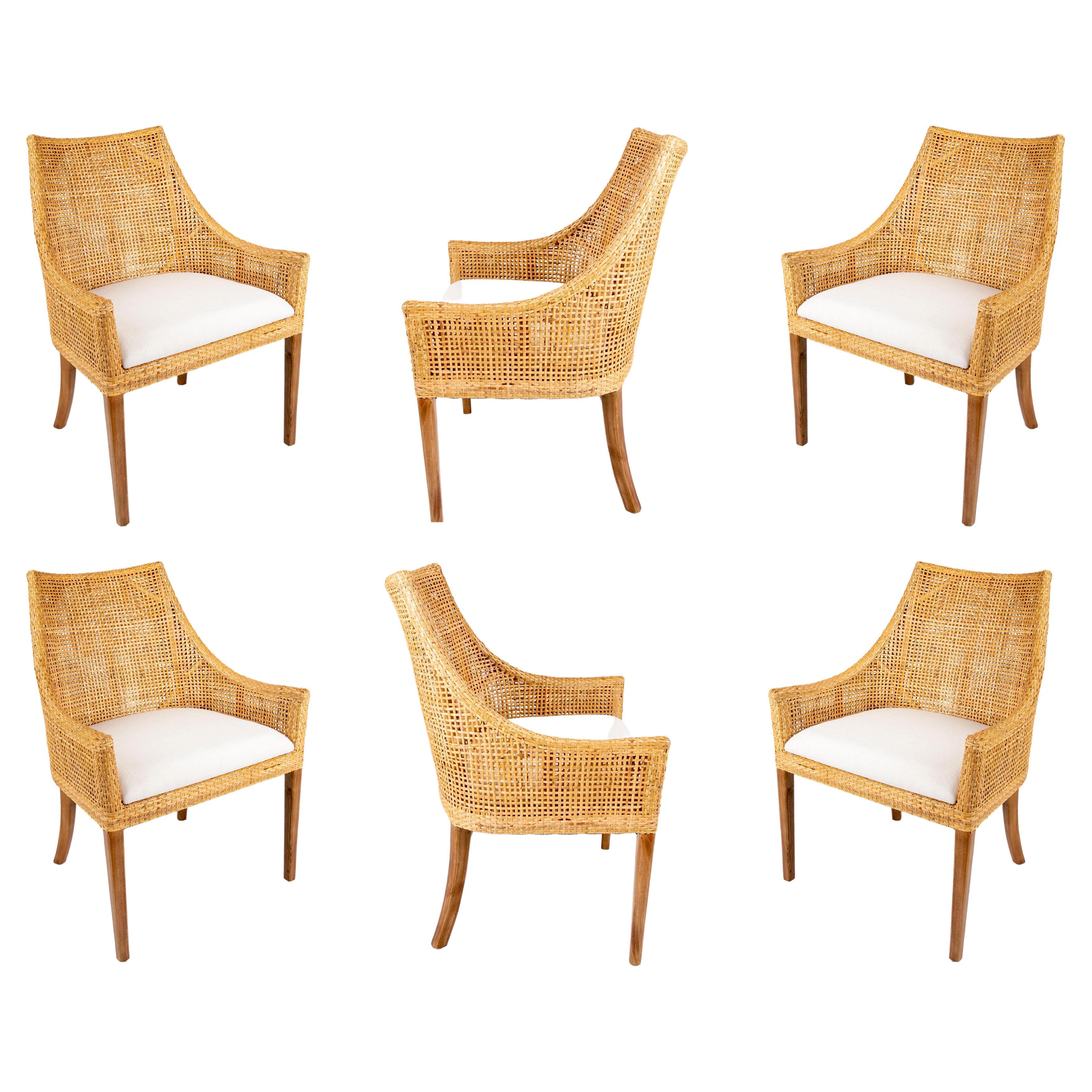 Set of Six Wicker and Mahogany-Legged Upholstered Chairs For Sale
