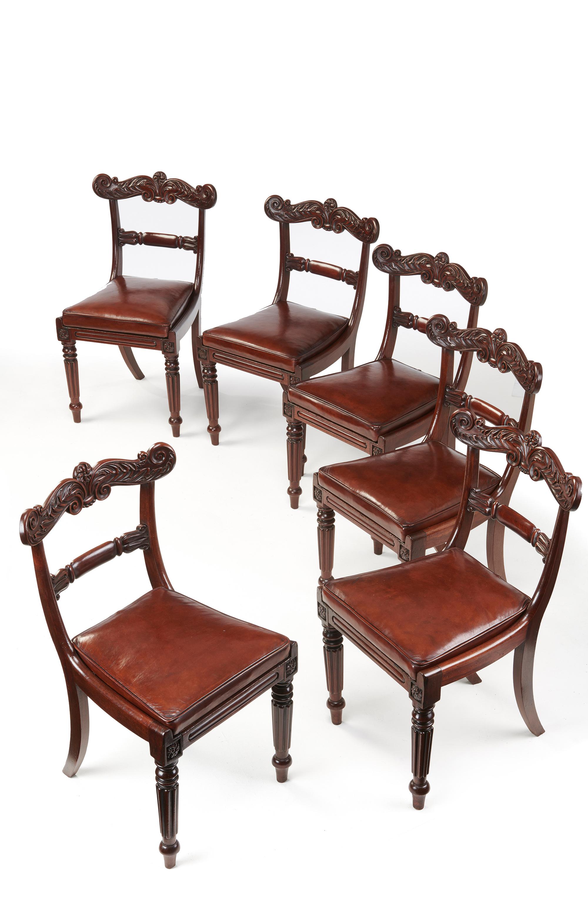 English Set of Six William IV Mahogany and Leather Dining Chairs